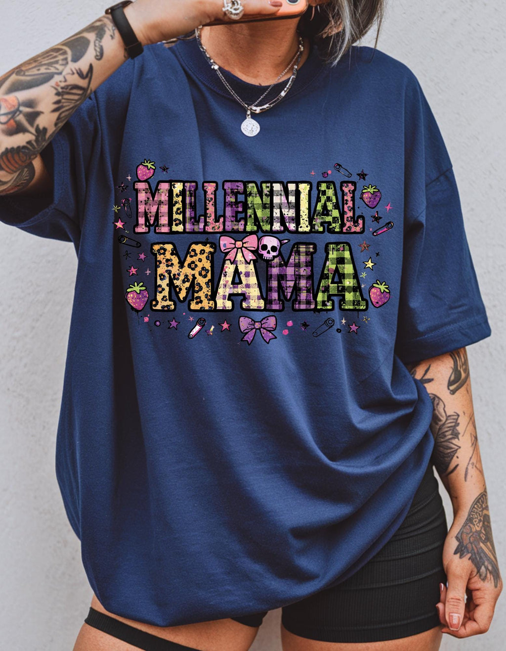 Millennial Mama T-Shirt | Garment-Dyed Boho Mom Tee, Leopard Bow Heart Design