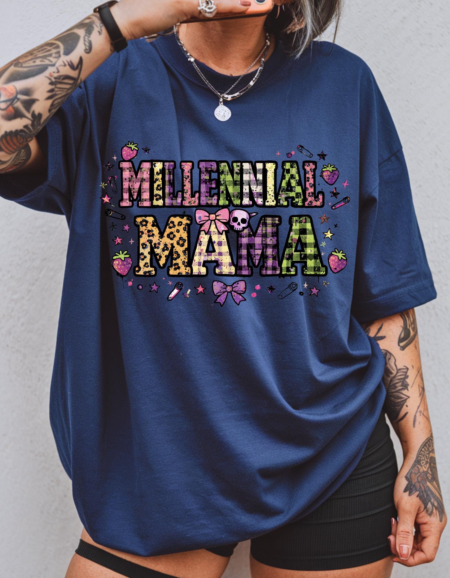 Millennial Mama T-Shirt | Garment-Dyed Boho Mom Tee, Leopard Bow Heart Design
