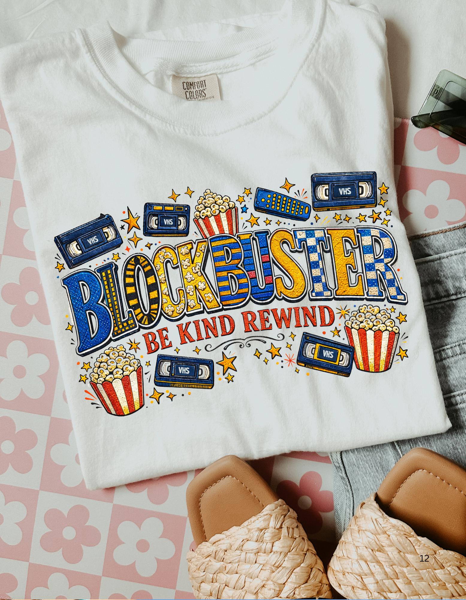 Blockbuster Be Kind Rewind T-Shirt | Retro Popcorn Cassette Film Tee