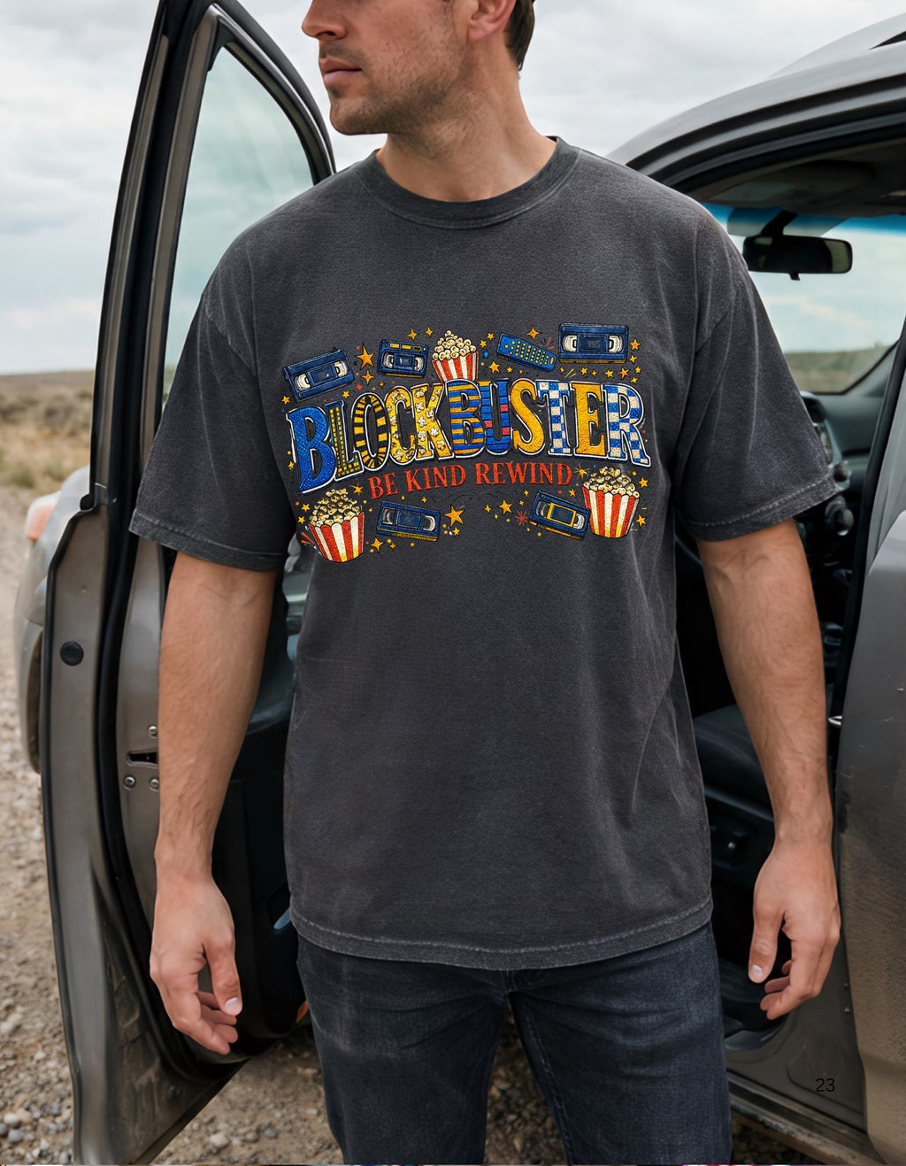 Blockbuster Be Kind Rewind T-Shirt | Retro Popcorn Cassette Film Tee