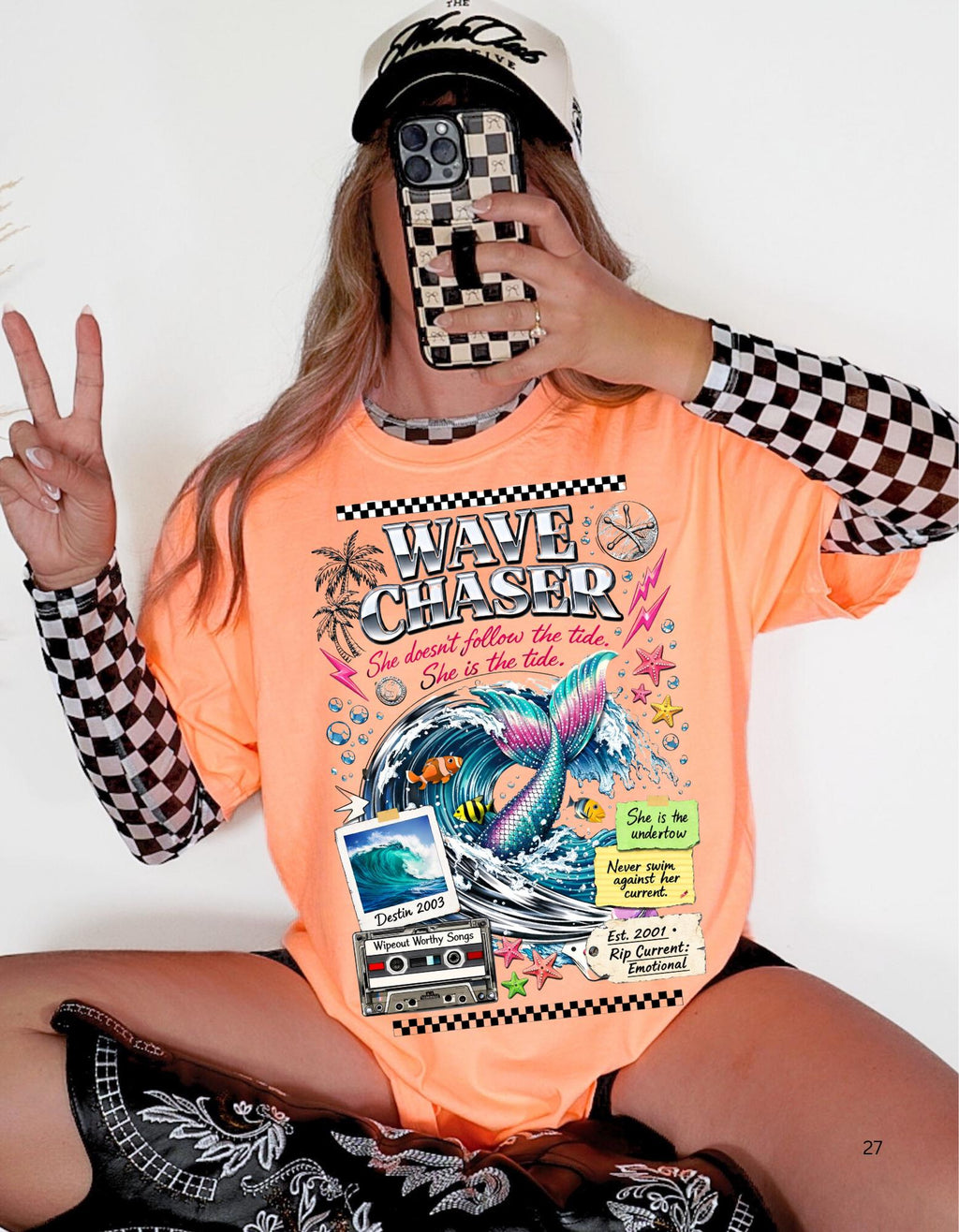 Wave Chaser Whale Surfing Graphic T-Shirt | Retro Ocean Collage Vintage Beach Tee