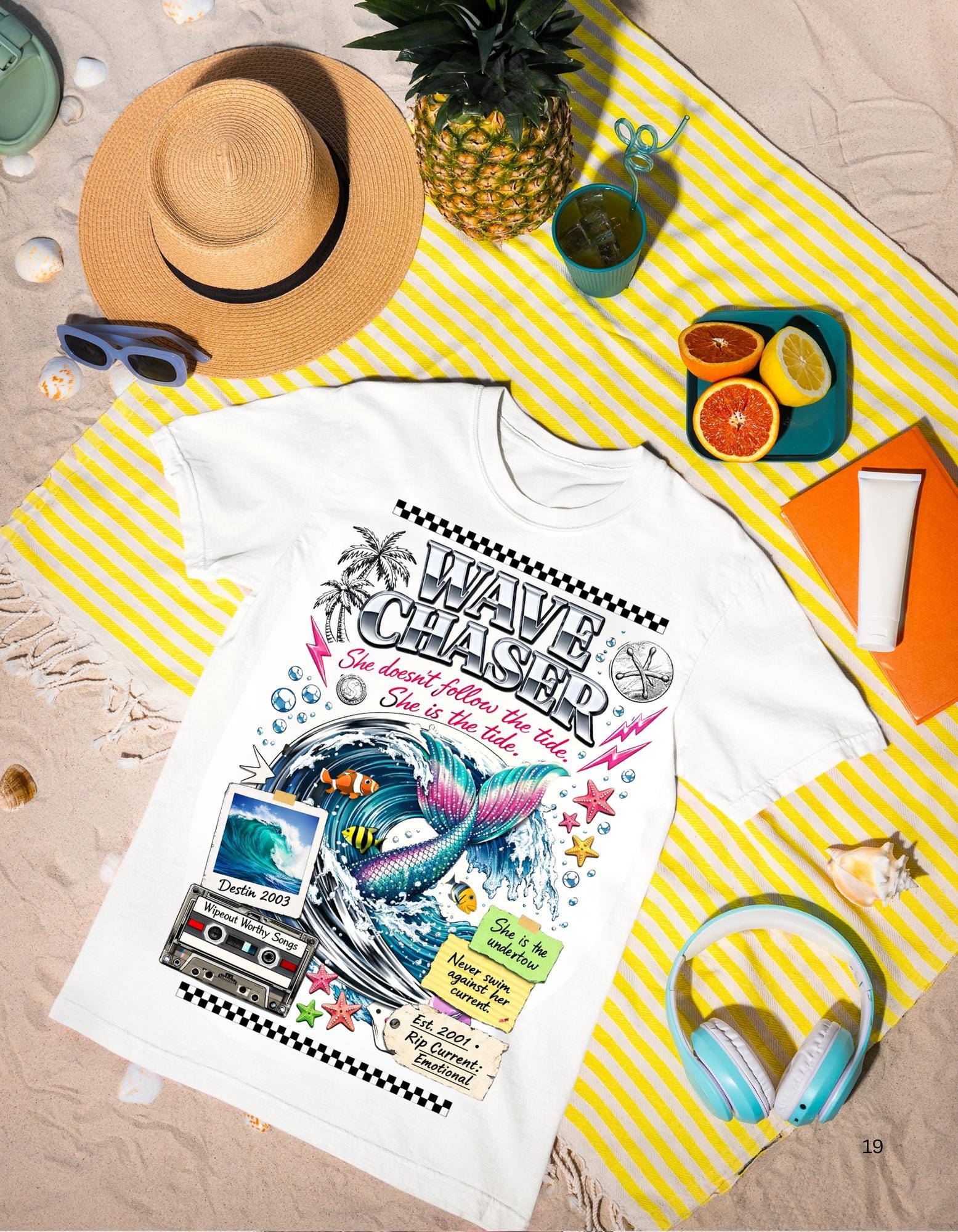 Wave Chaser Whale Surfing Graphic T-Shirt | Retro Ocean Collage Vintage Beach Tee