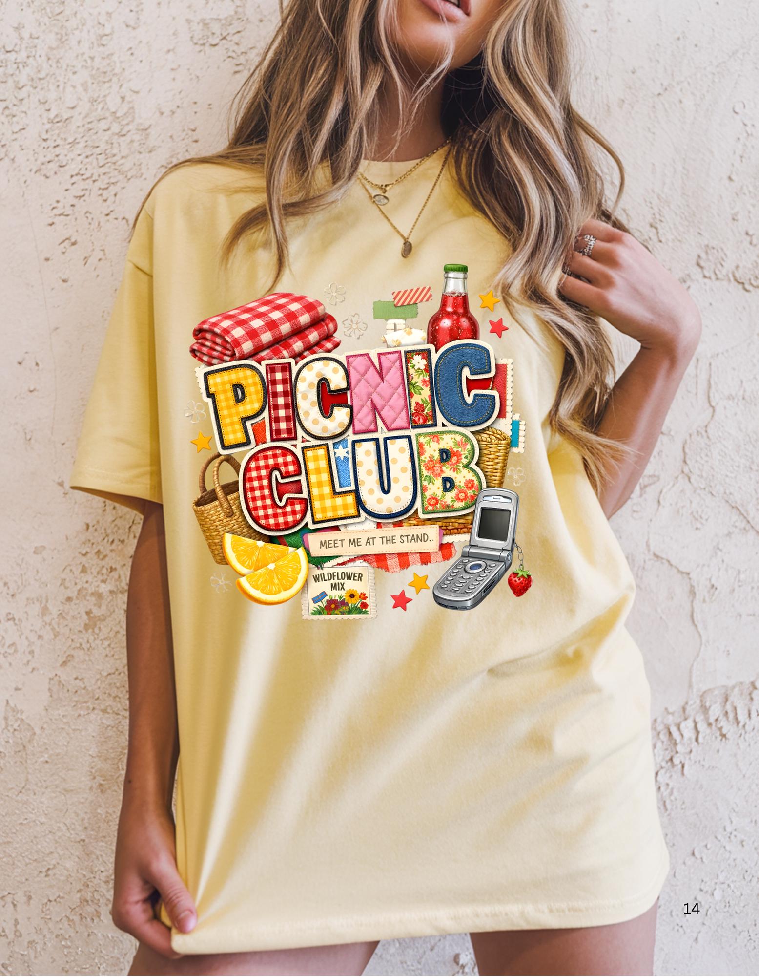 Picnic Club Graphic Tee | Gingham Basket Lemonade Summer Casual Wear