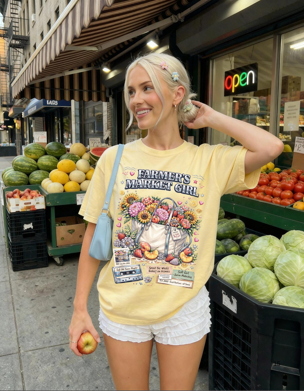 Farmers Market Girl T-Shirt | Rustic Sunflower Tote Design Country Farm Style Tee