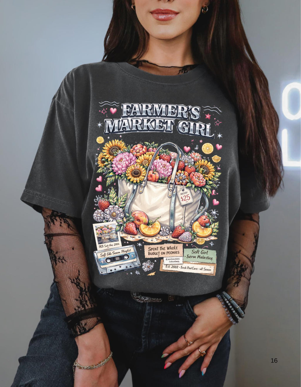 Farmers Market Girl T-Shirt | Rustic Sunflower Tote Design Country Farm Style Tee