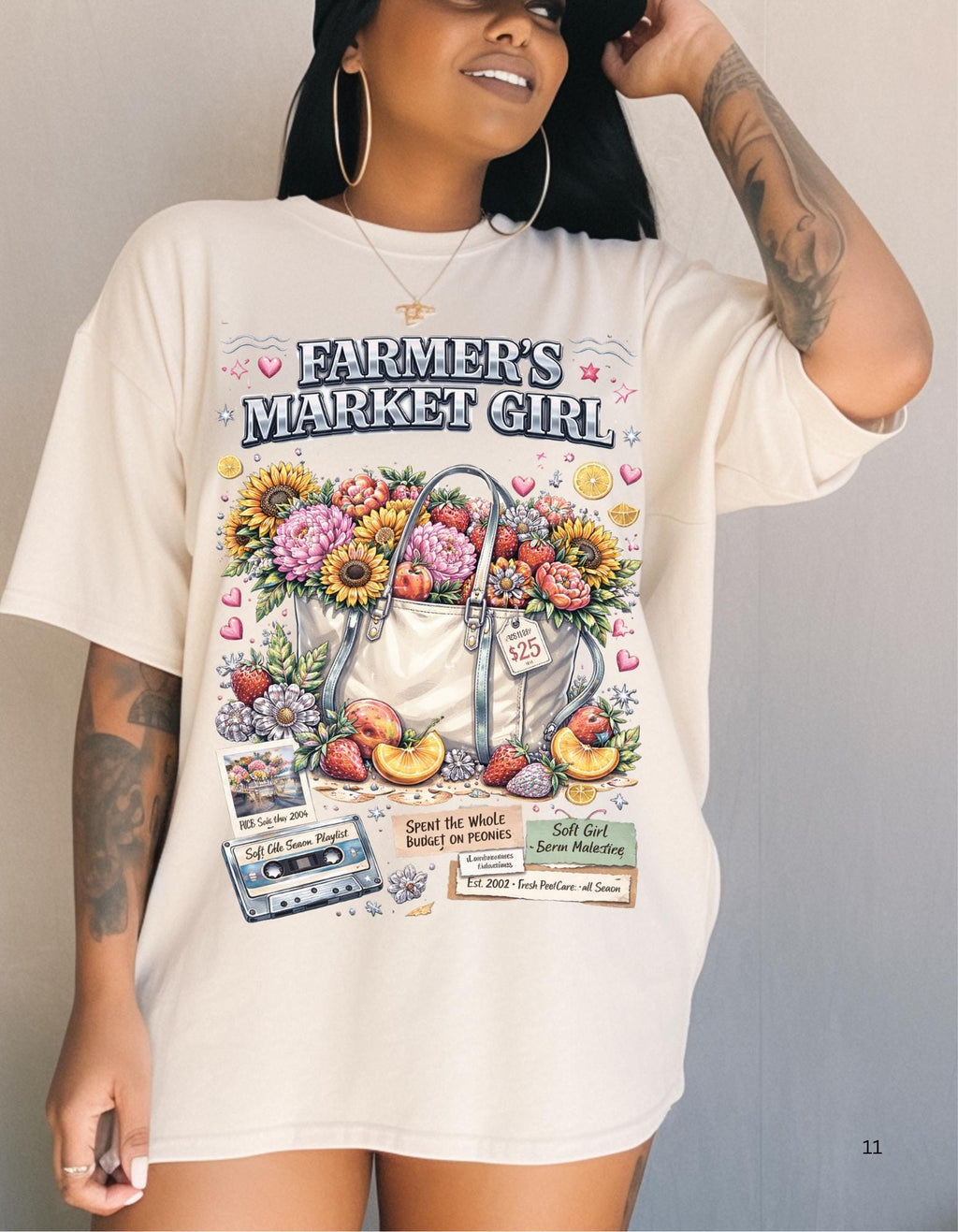 Farmers Market Girl T-Shirt | Rustic Sunflower Tote Design Country Farm Style Tee
