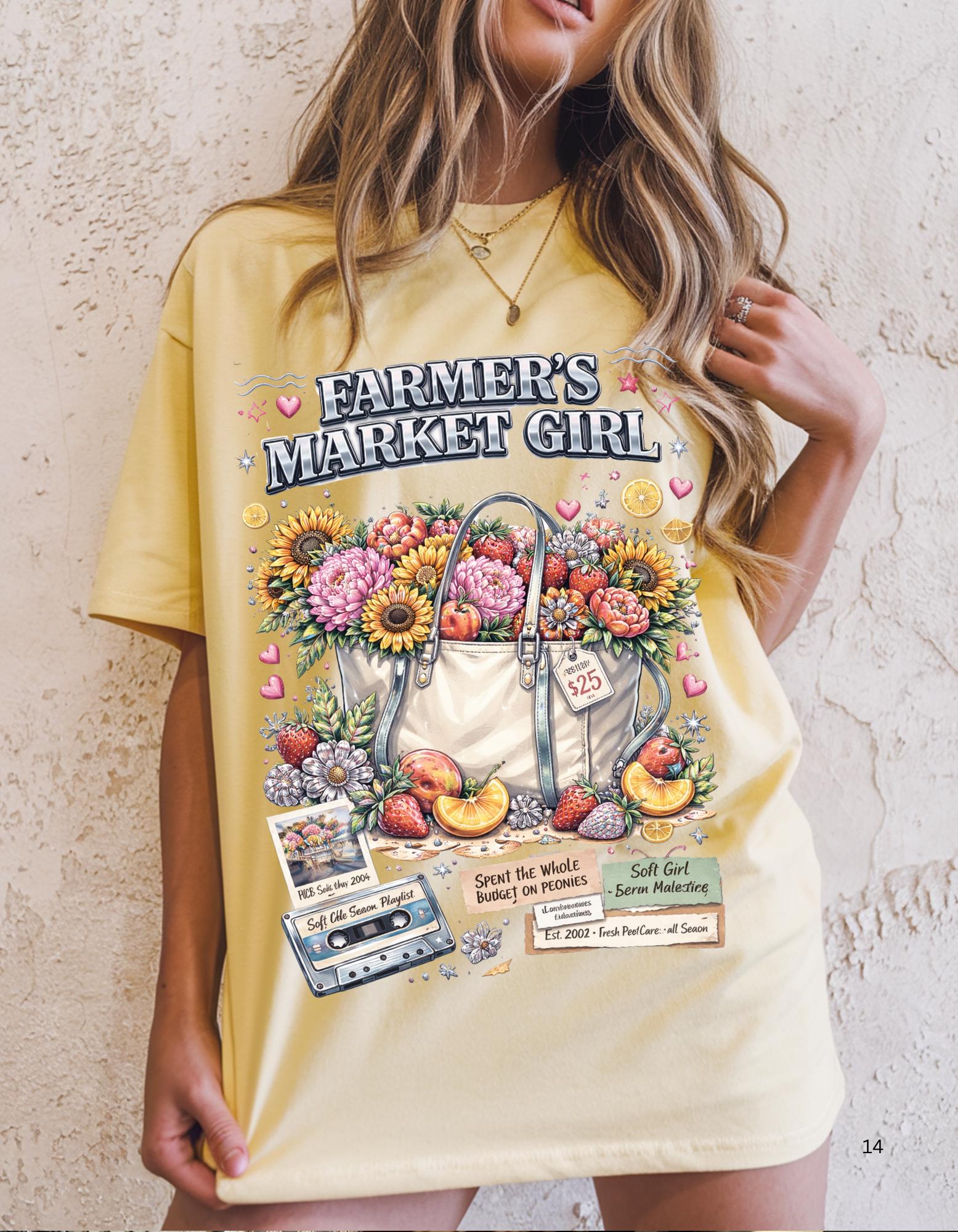 Farmers Market Girl T-Shirt | Rustic Sunflower Tote Design Country Farm Style Tee