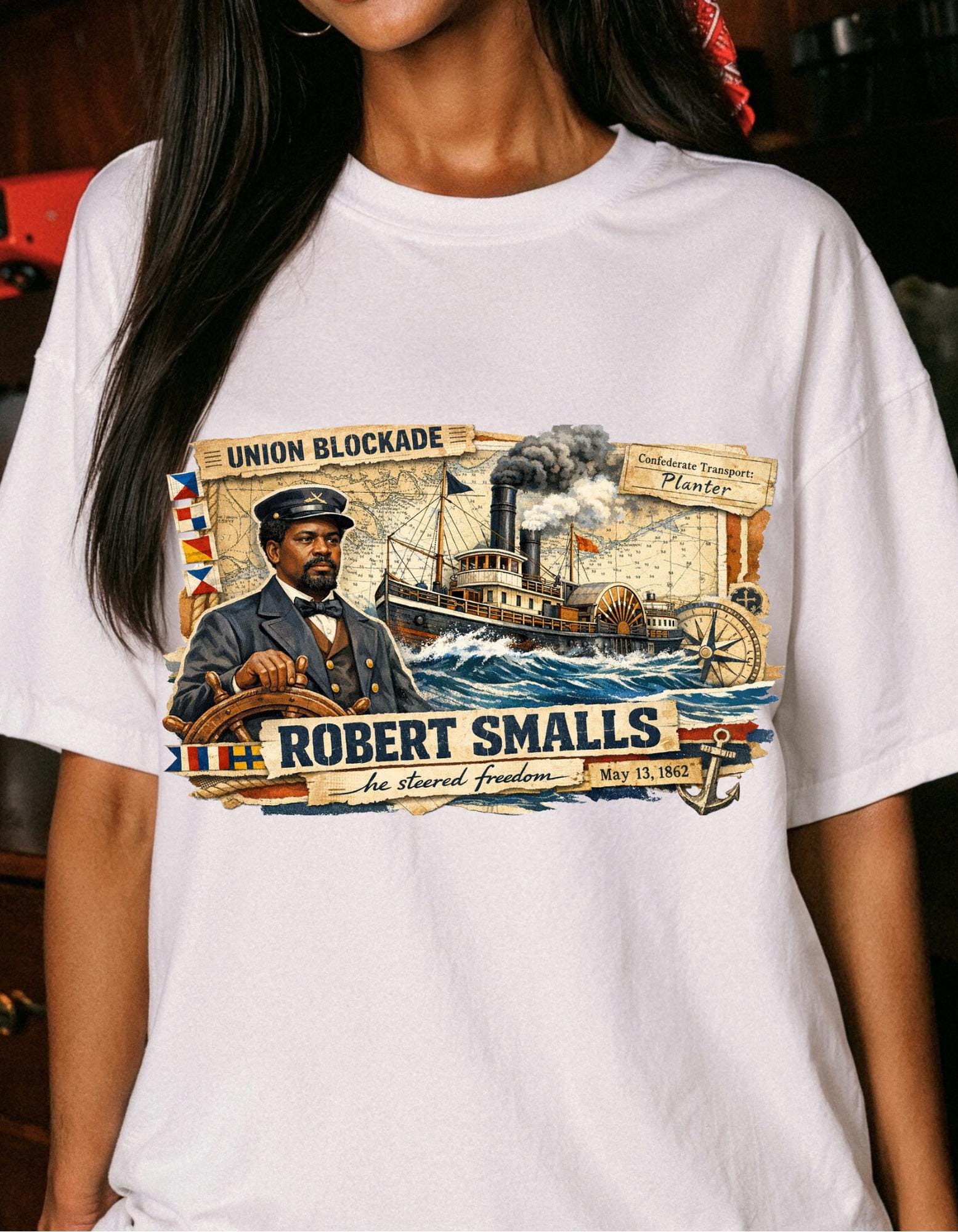 Robert Smalls Civil War Steamship Illustration T-Shirt Union Blockade Historic Figure Tee