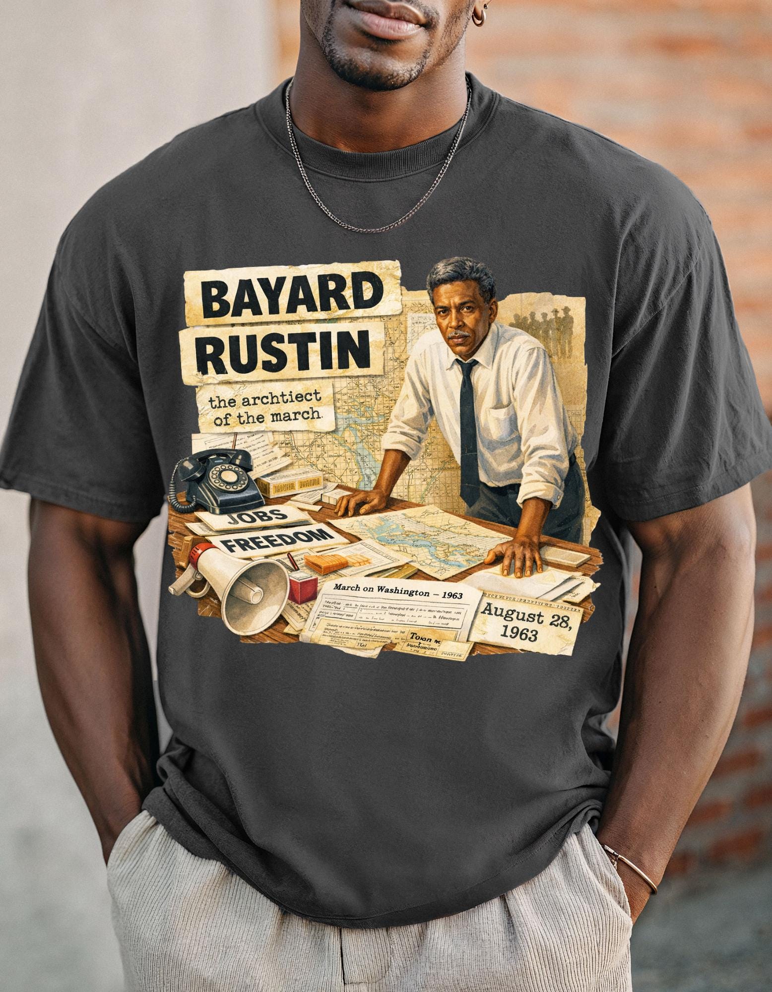 Bayard Rustin Civil Rights Leader illustration T-shirt | Vintage newspaper design