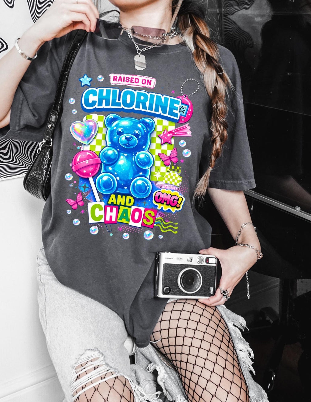 Raised on Chlorine and Chaos Neon Candy Bear Graphic T-Shirt Summer Pool Vibes Tee