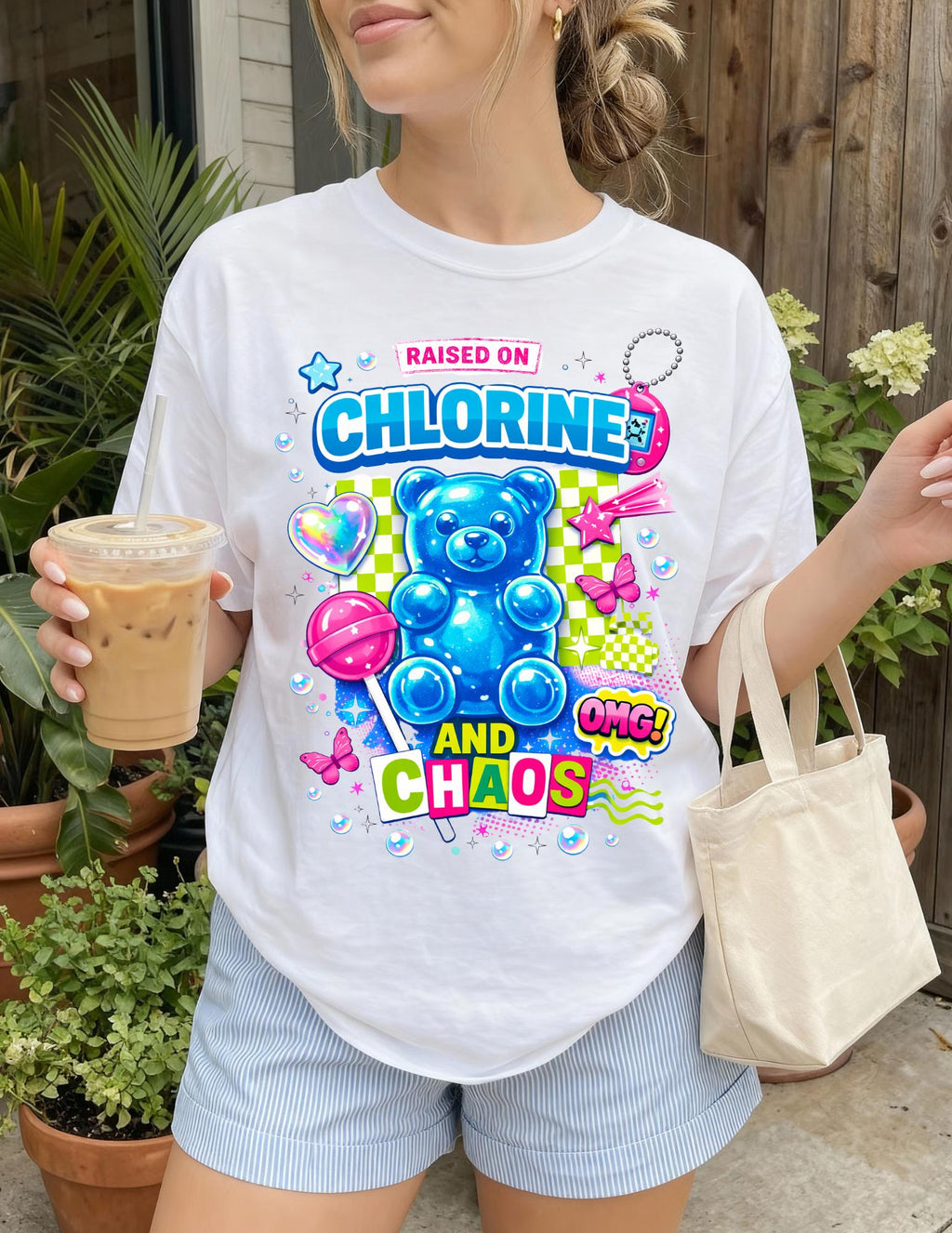 Raised on Chlorine and Chaos Neon Candy Bear Graphic T-Shirt Summer Pool Vibes Tee