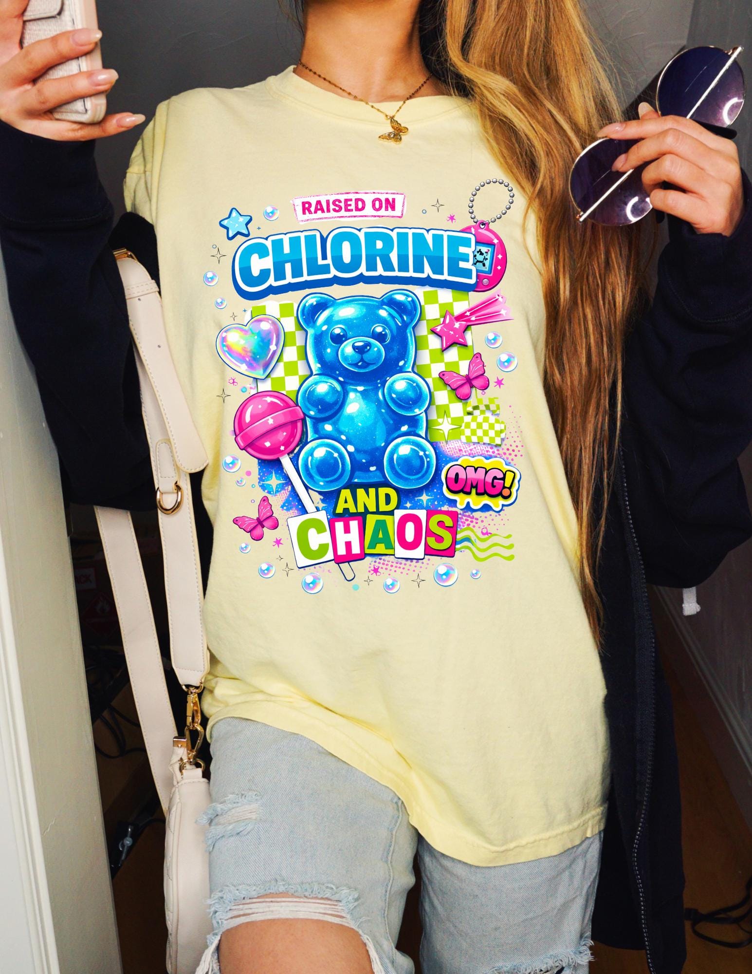 Raised on Chlorine and Chaos Neon Candy Bear Graphic T-Shirt Summer Pool Vibes Tee