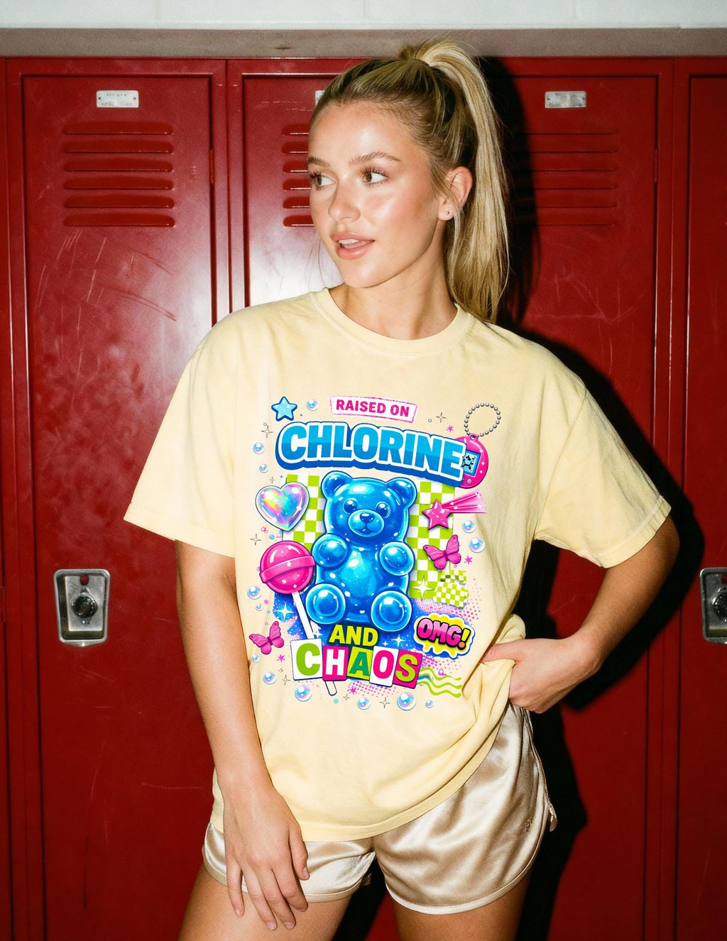 Raised on Chlorine and Chaos Neon Candy Bear Graphic T-Shirt Summer Pool Vibes Tee