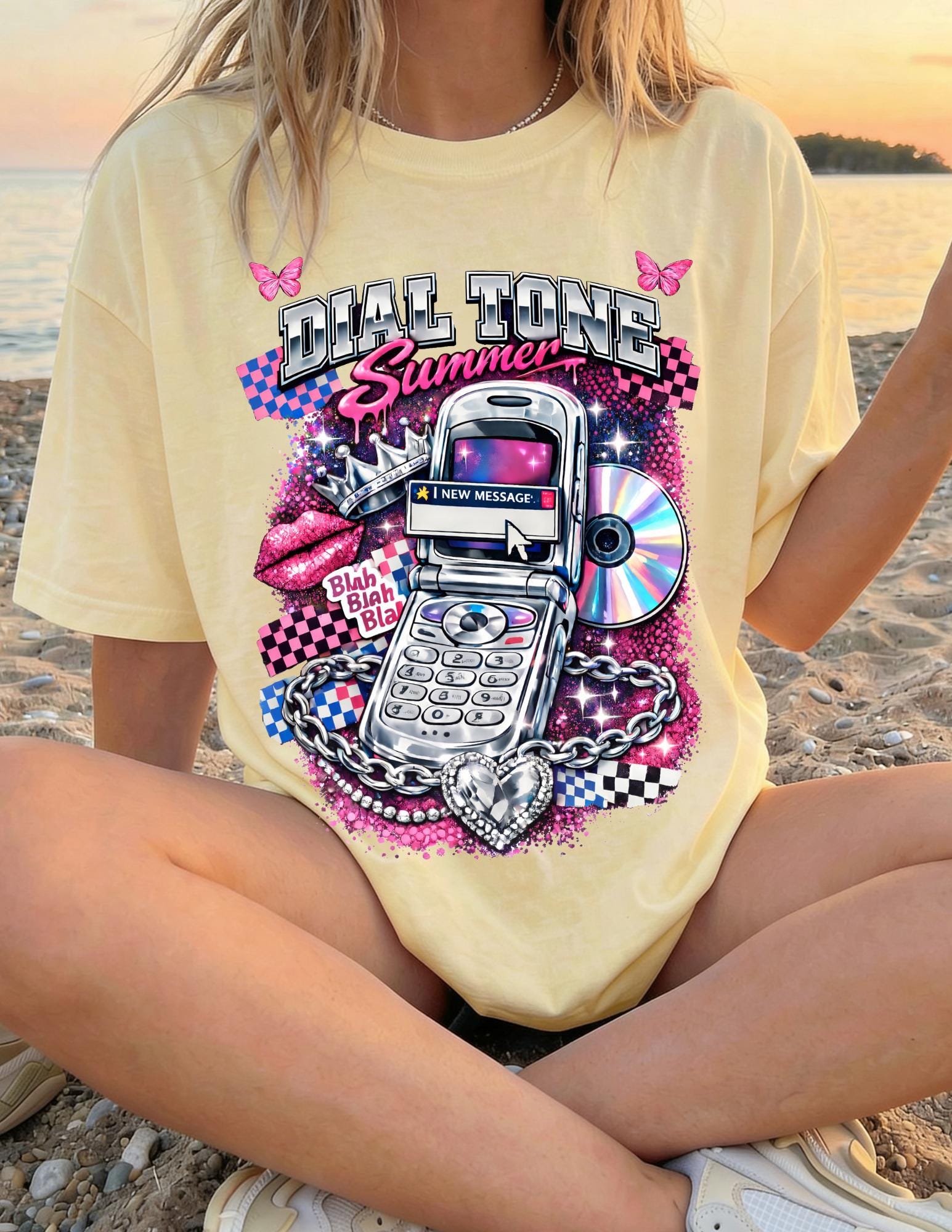 Retro Flip Phone Graphic T-Shirt | Y2K CD Checkerboard Tee