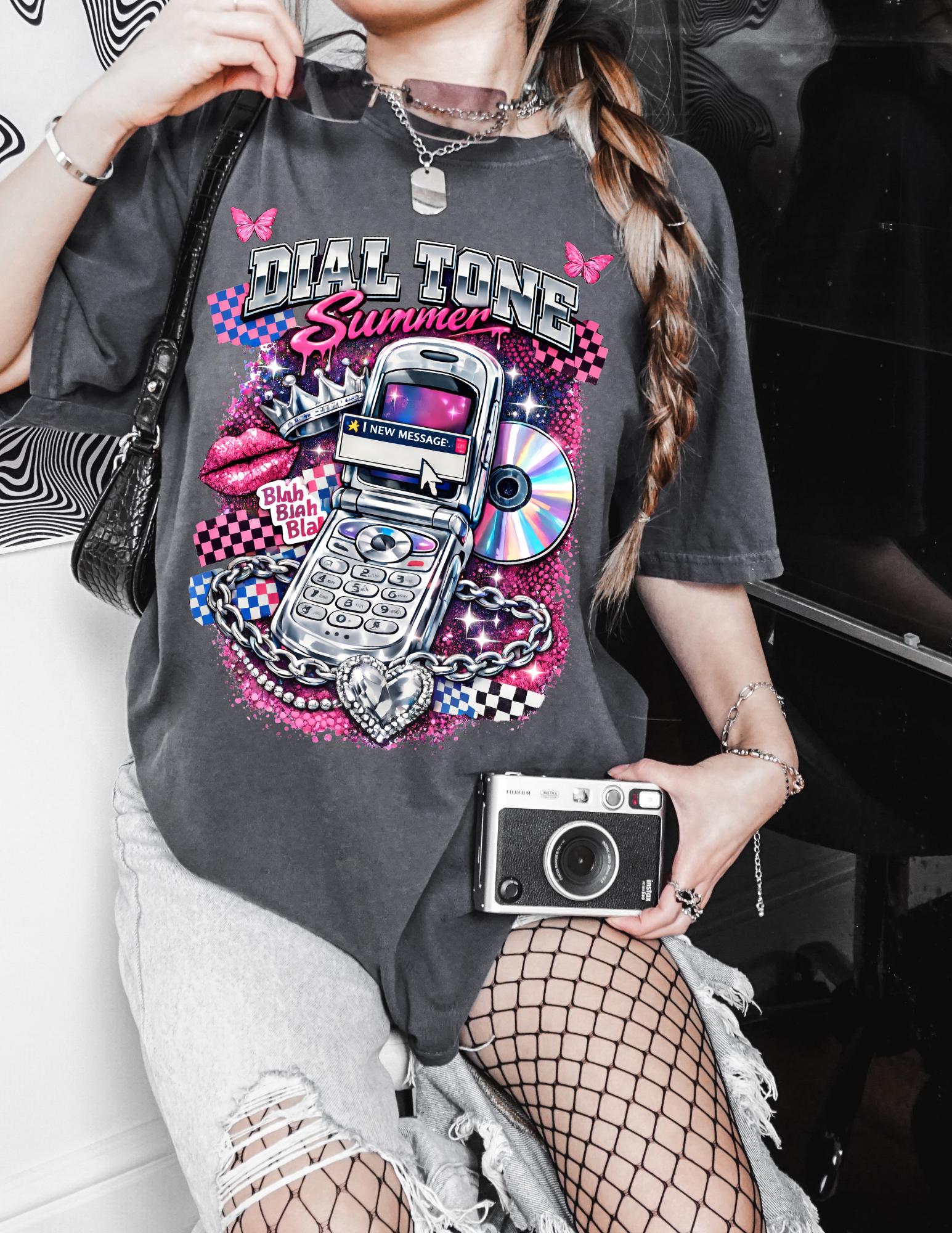Retro Flip Phone Graphic T-Shirt | Y2K CD Checkerboard Tee