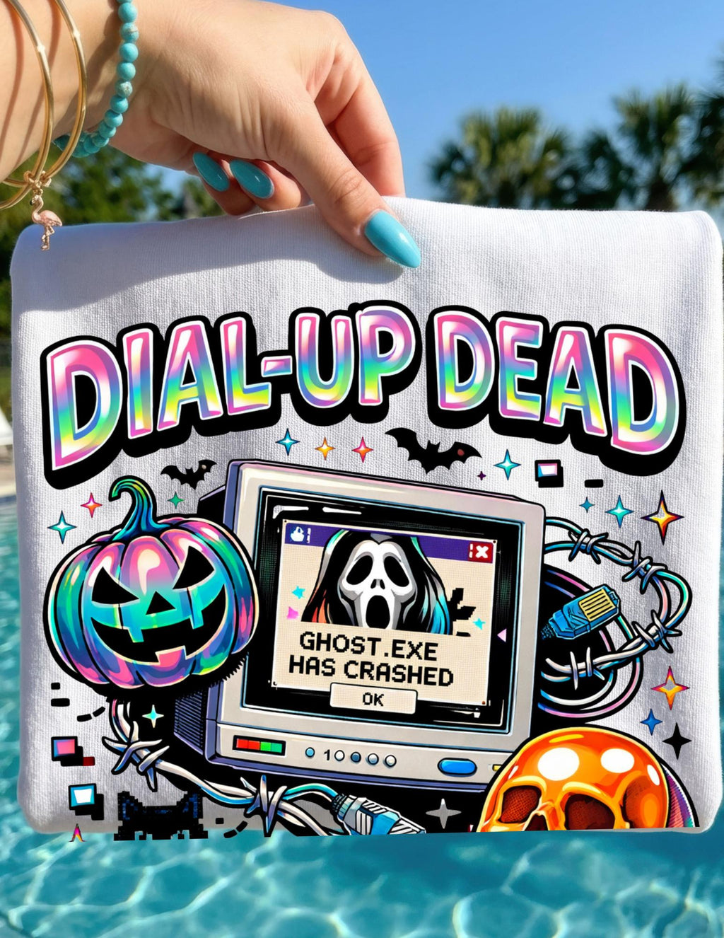 Dial-Up Dead Retro Horror Computer T-Shirt Halloween Skull Pumpkin Design Gothic Vintage Tee