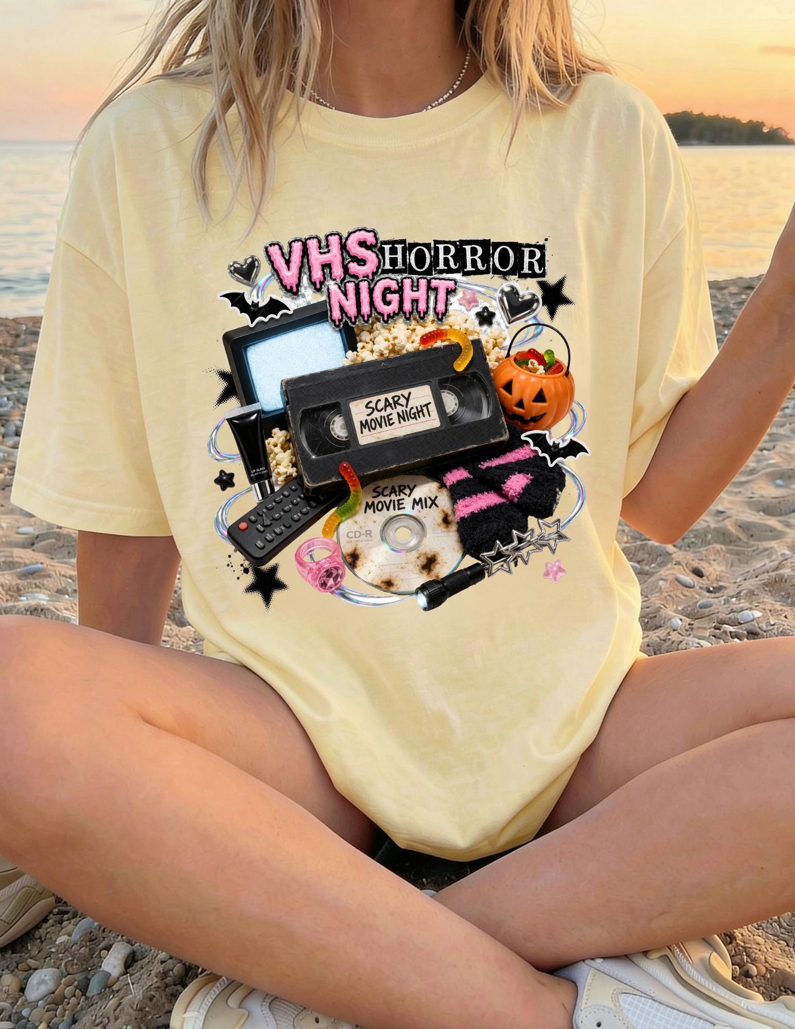 VHS Horror Night T-Shirt | Retro Cassette Skull Pumpkin Spooky Movie Art Halloween Tee