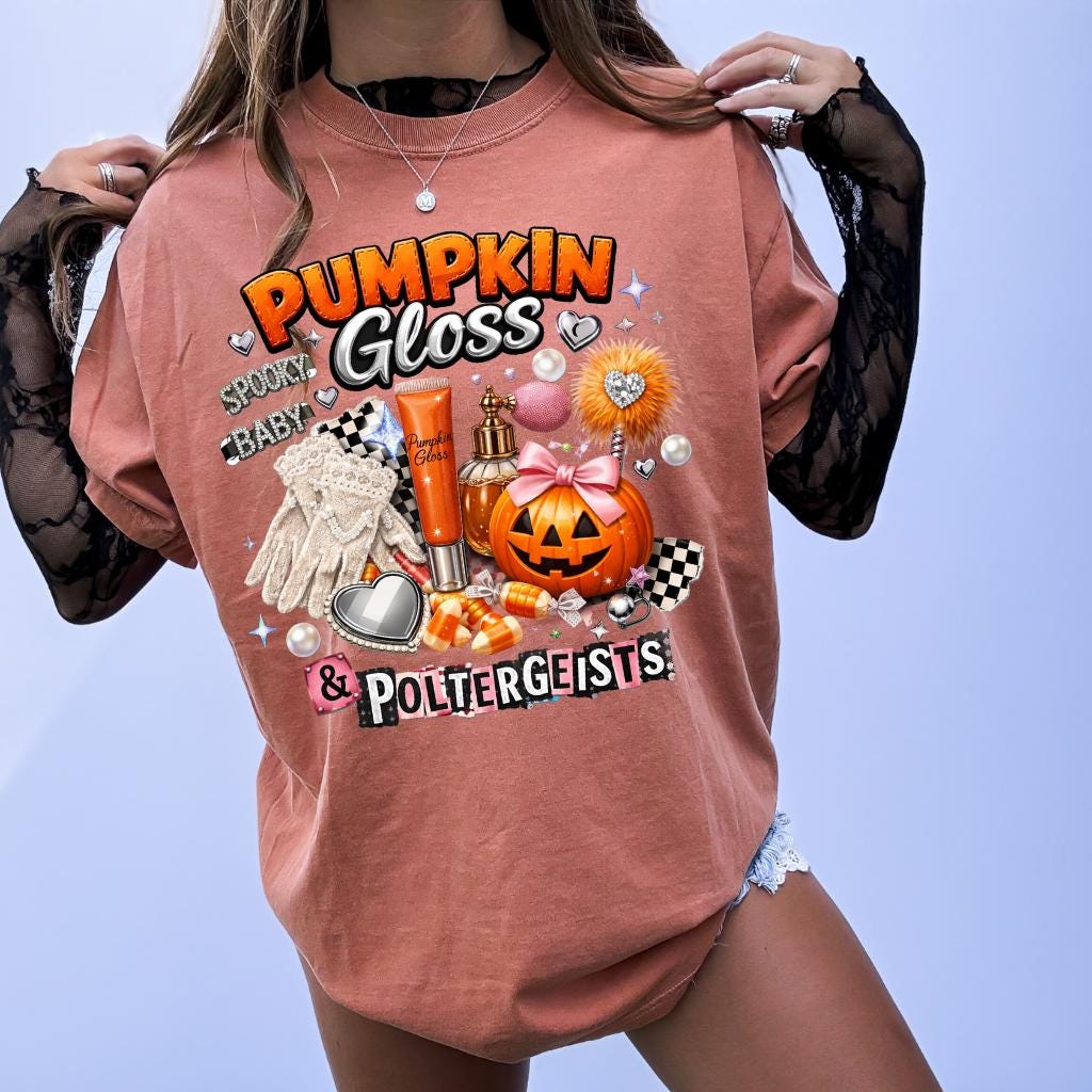 Pumpkin Gloss & Poltergeists Halloween T-Shirt | Spooky Lip Graphic Tee Ghost Fall Autumn Gift