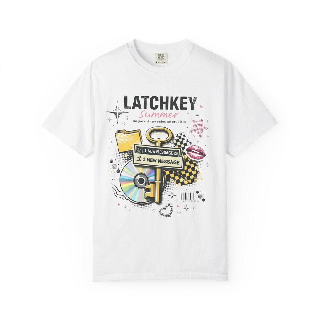 Latchkey Summer Graphic T-Shirt | Retro Icons Key CD Messages Pastel Collage Vintage Tee