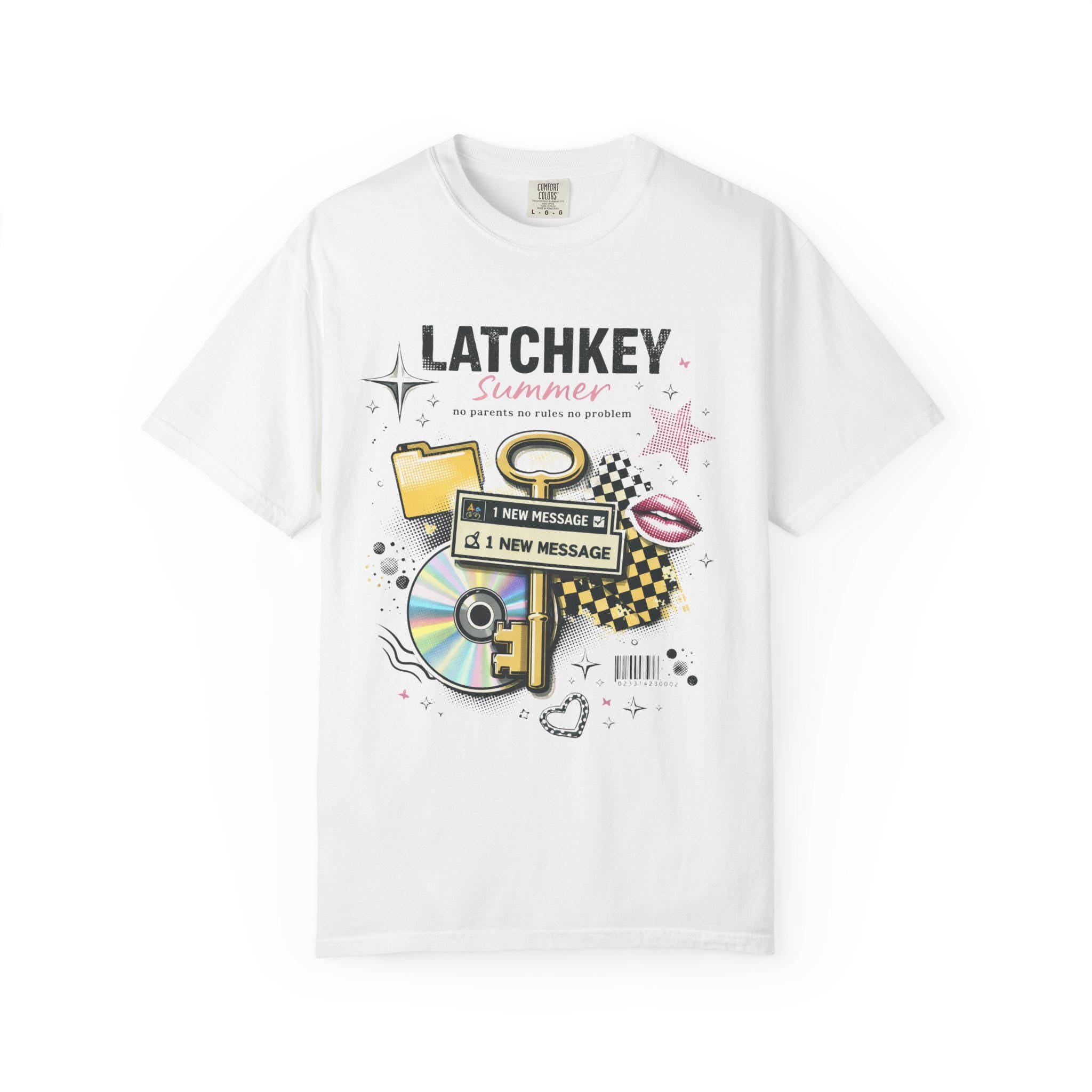 Latchkey Summer Graphic T-Shirt | Retro Icons Key CD Messages Pastel Collage Vintage Tee