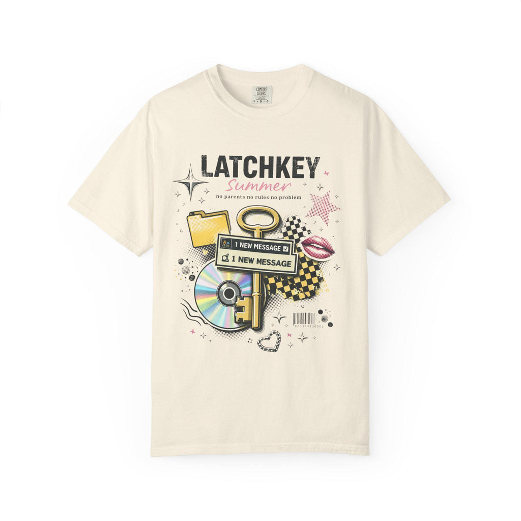 Latchkey Summer Graphic T-Shirt | Retro Icons Key CD Messages Pastel Collage Vintage Tee