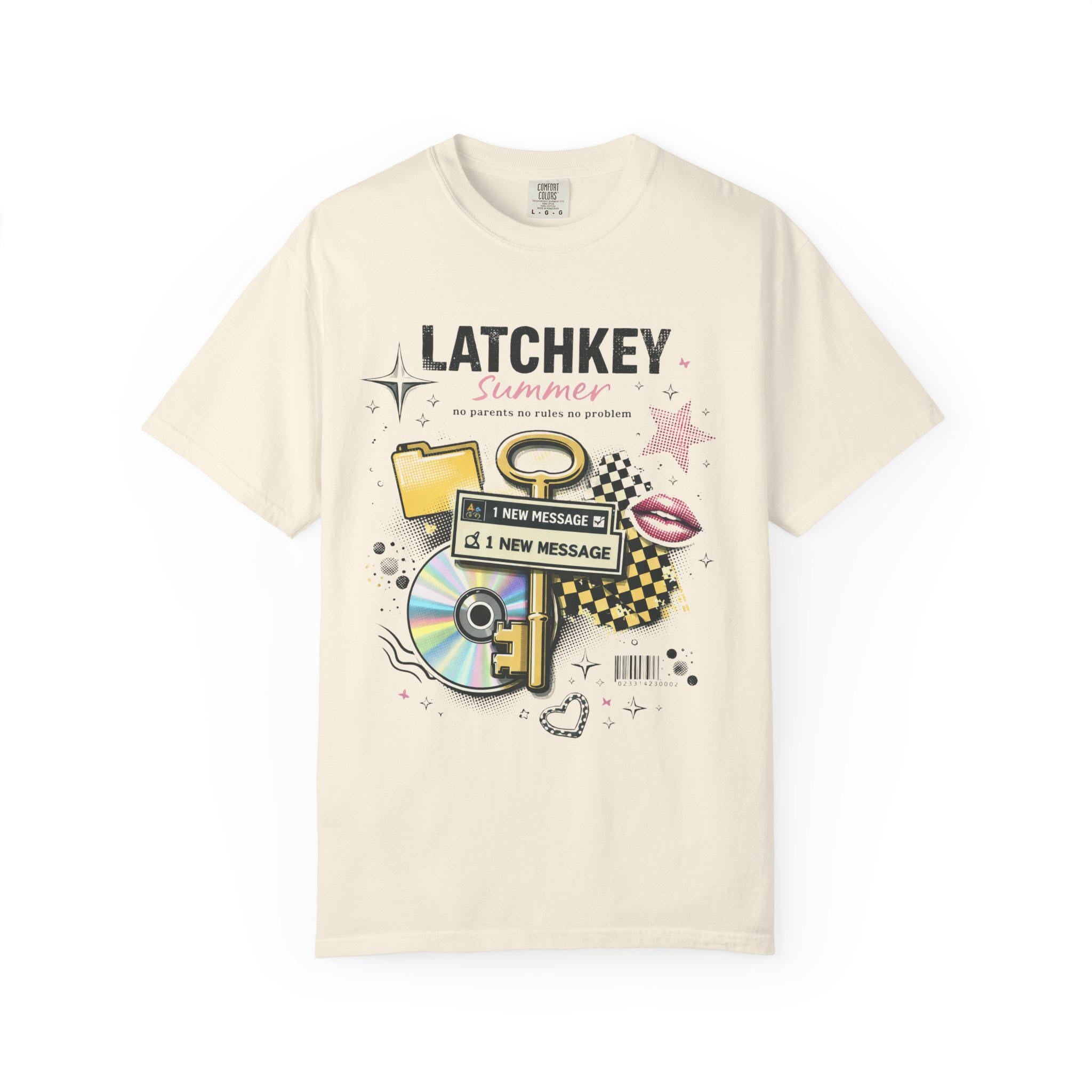 Latchkey Summer Graphic T-Shirt | Retro Icons Key CD Messages Pastel Collage Vintage Tee