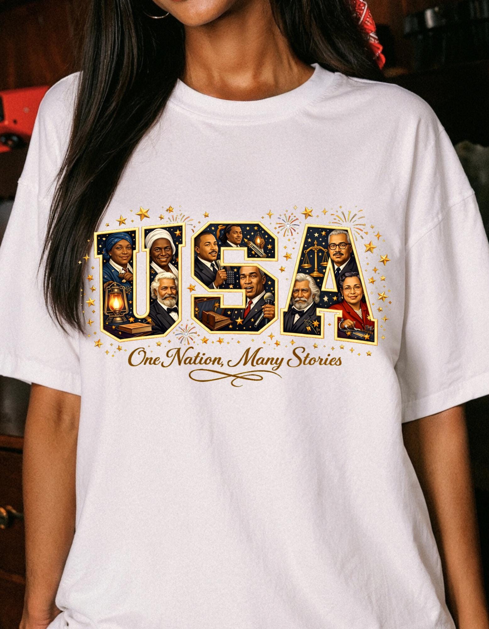USA Letters Collage T-Shirt | Vintage Photo Patriotic Design Retro American Graphic Tee Gift
