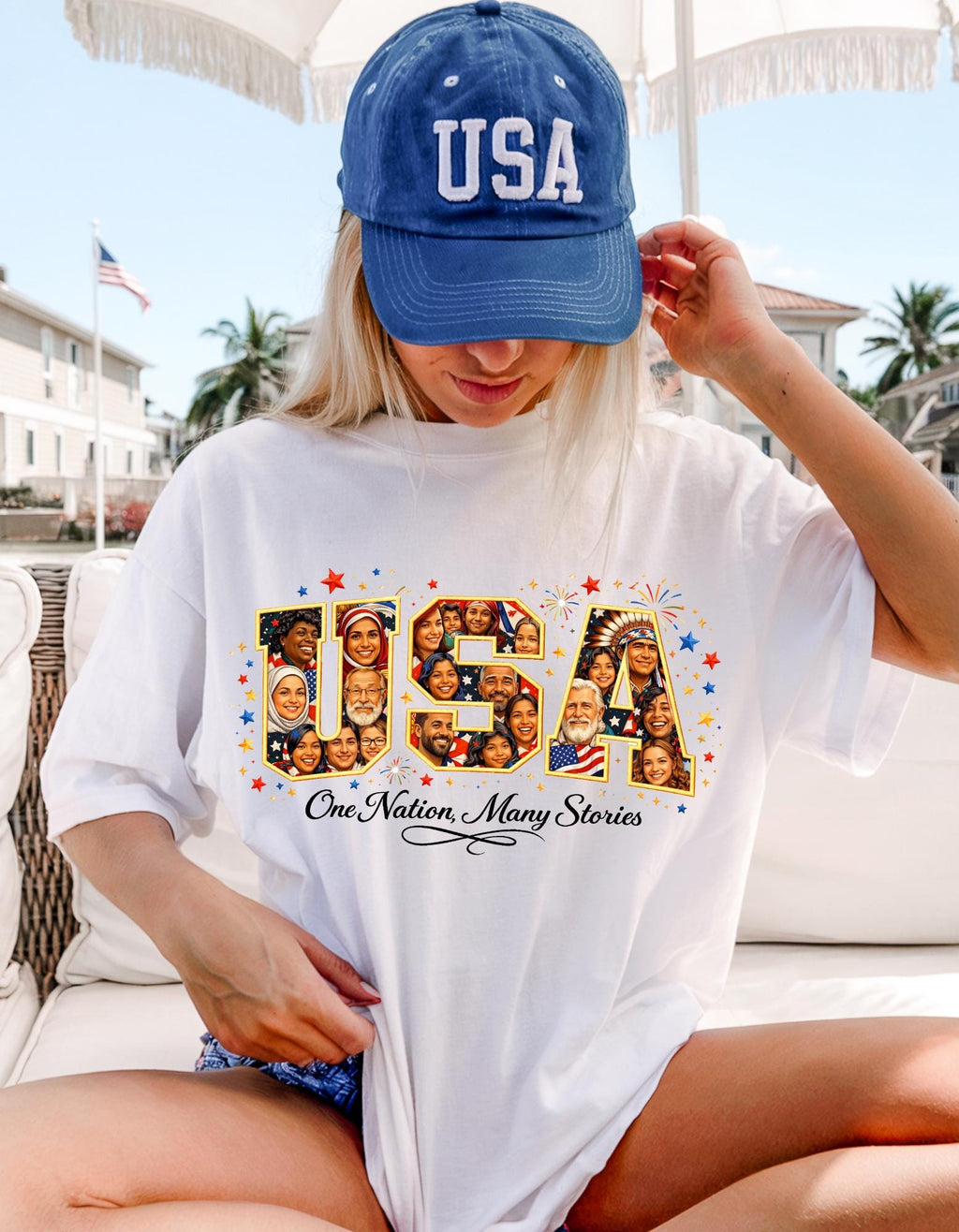 USA Melting Pot Photo Collage T-Shirt | Patriotic America Unity Diverse Faces Celebration Tee