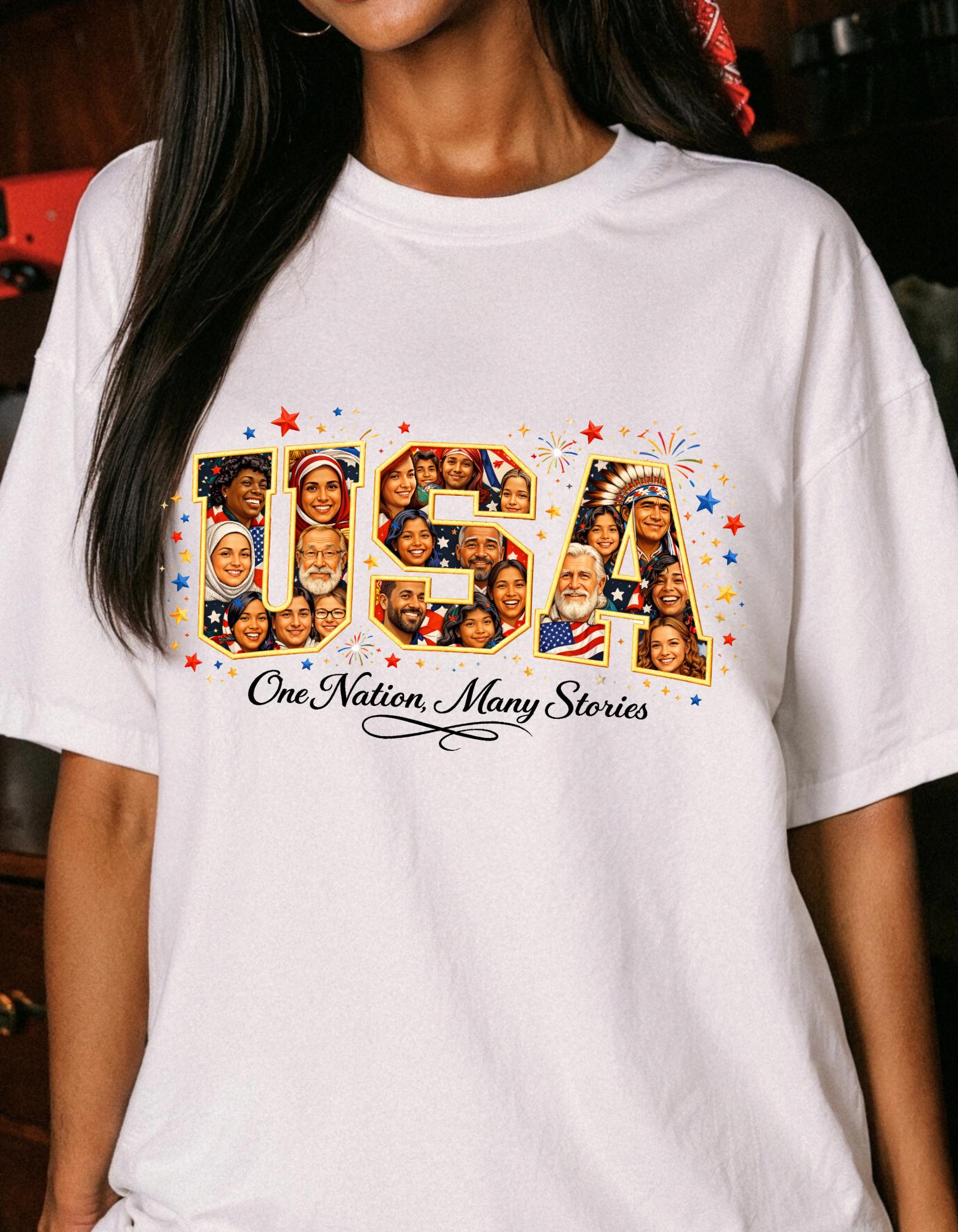 USA Melting Pot Photo Collage T-Shirt | Patriotic America Unity Diverse Faces Celebration Tee