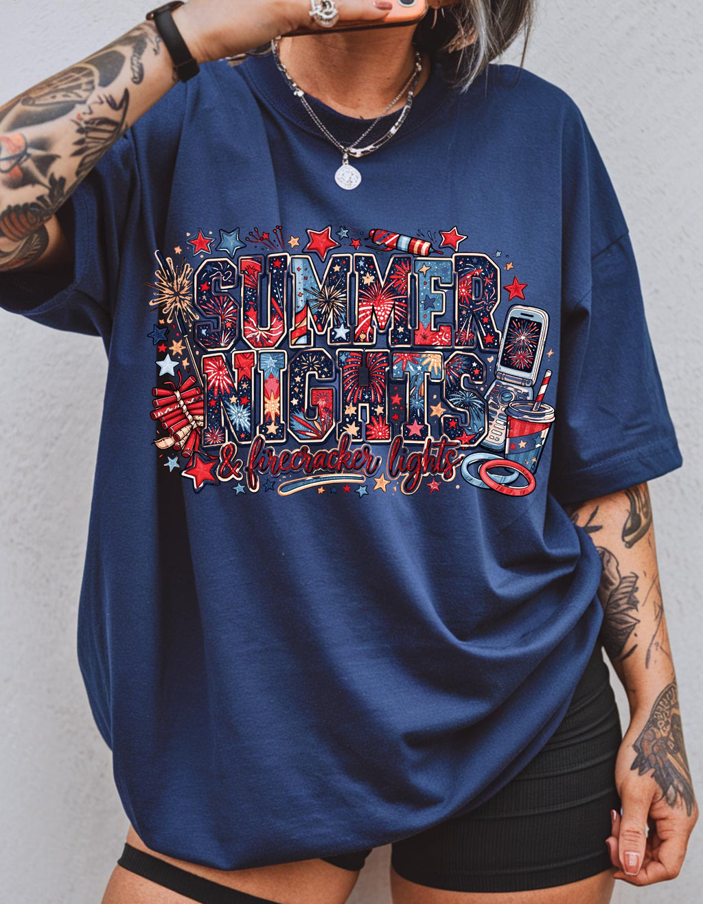 Summer Nights Firecracker Graphic T-Shirt | Patriotic Fireworks Design Unisex Tee Fourth of July Holiday Gift