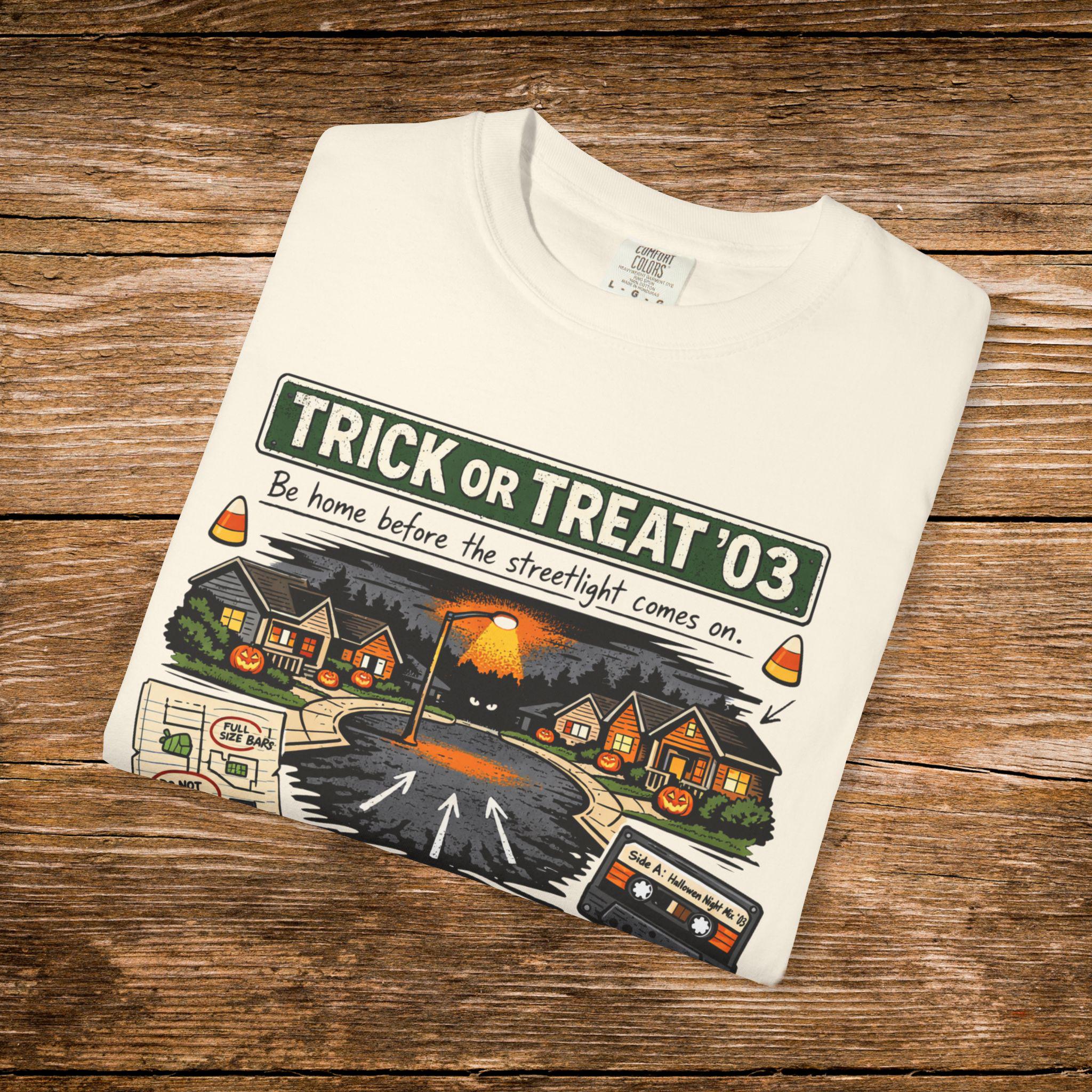 Trick or Treat '03 Halloween Collage T-Shirt | Haunted Neighborhood Vintage Spooky Graphic Tee