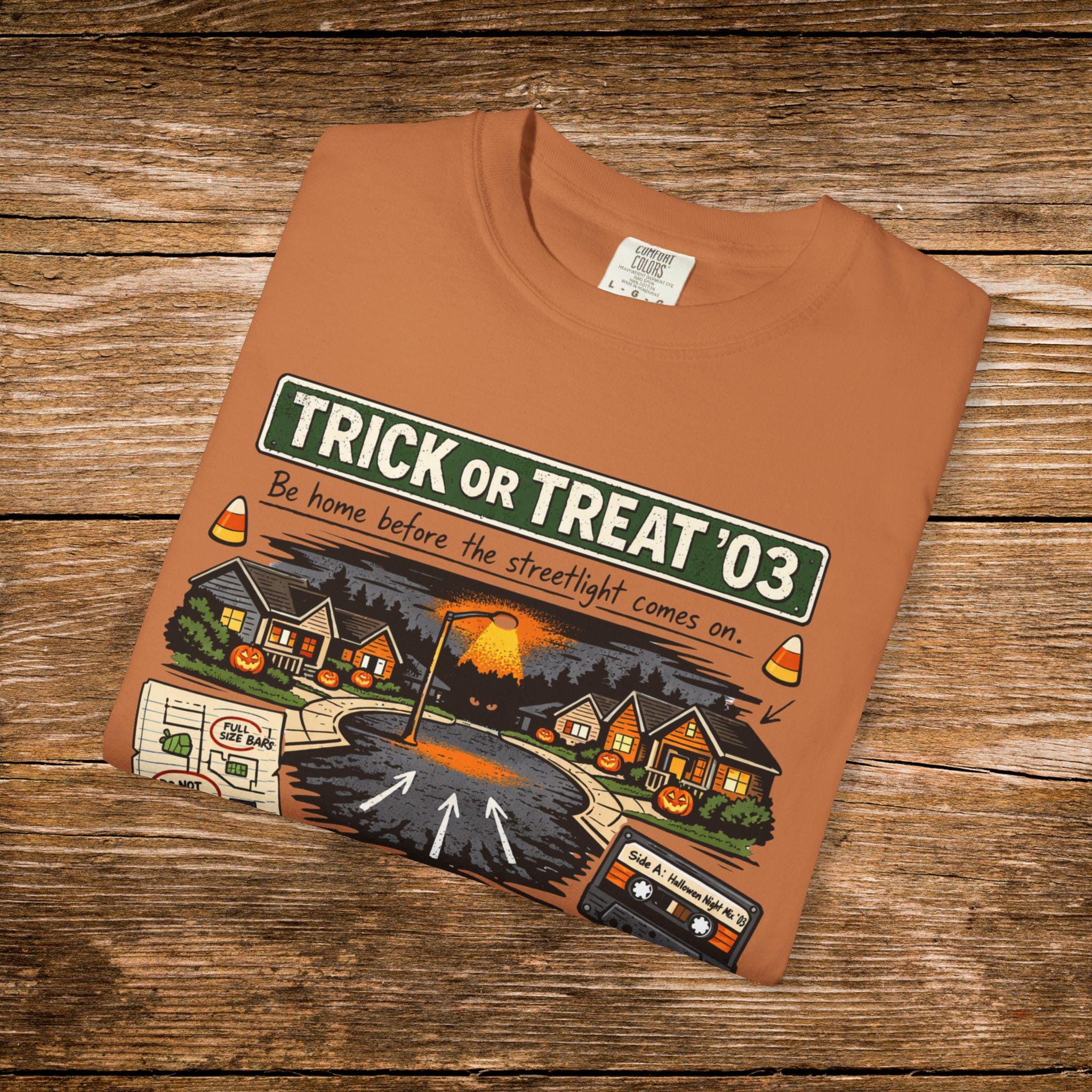 Trick or Treat '03 Halloween Collage T-Shirt | Haunted Neighborhood Vintage Spooky Graphic Tee