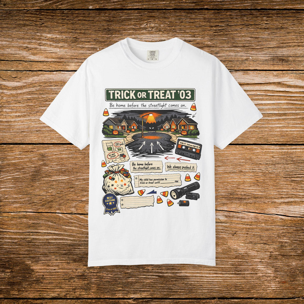 Trick or Treat '03 Halloween Collage T-Shirt | Haunted Neighborhood Vintage Spooky Graphic Tee