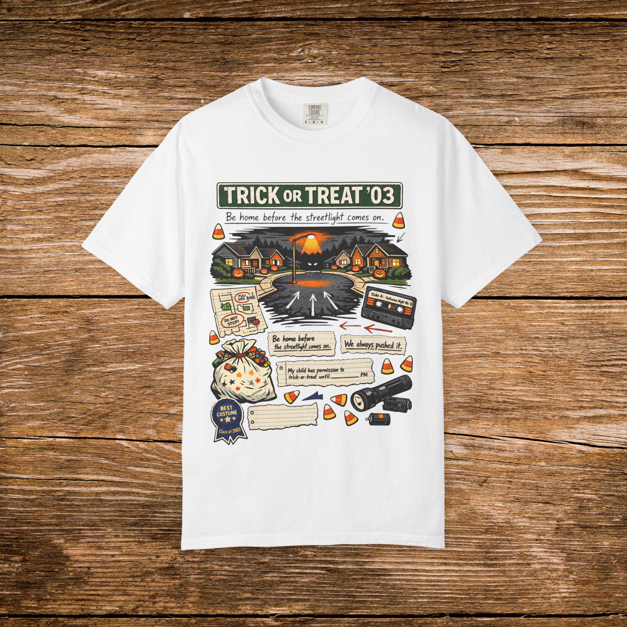 Trick or Treat '03 Halloween Collage T-Shirt | Haunted Neighborhood Vintage Spooky Graphic Tee