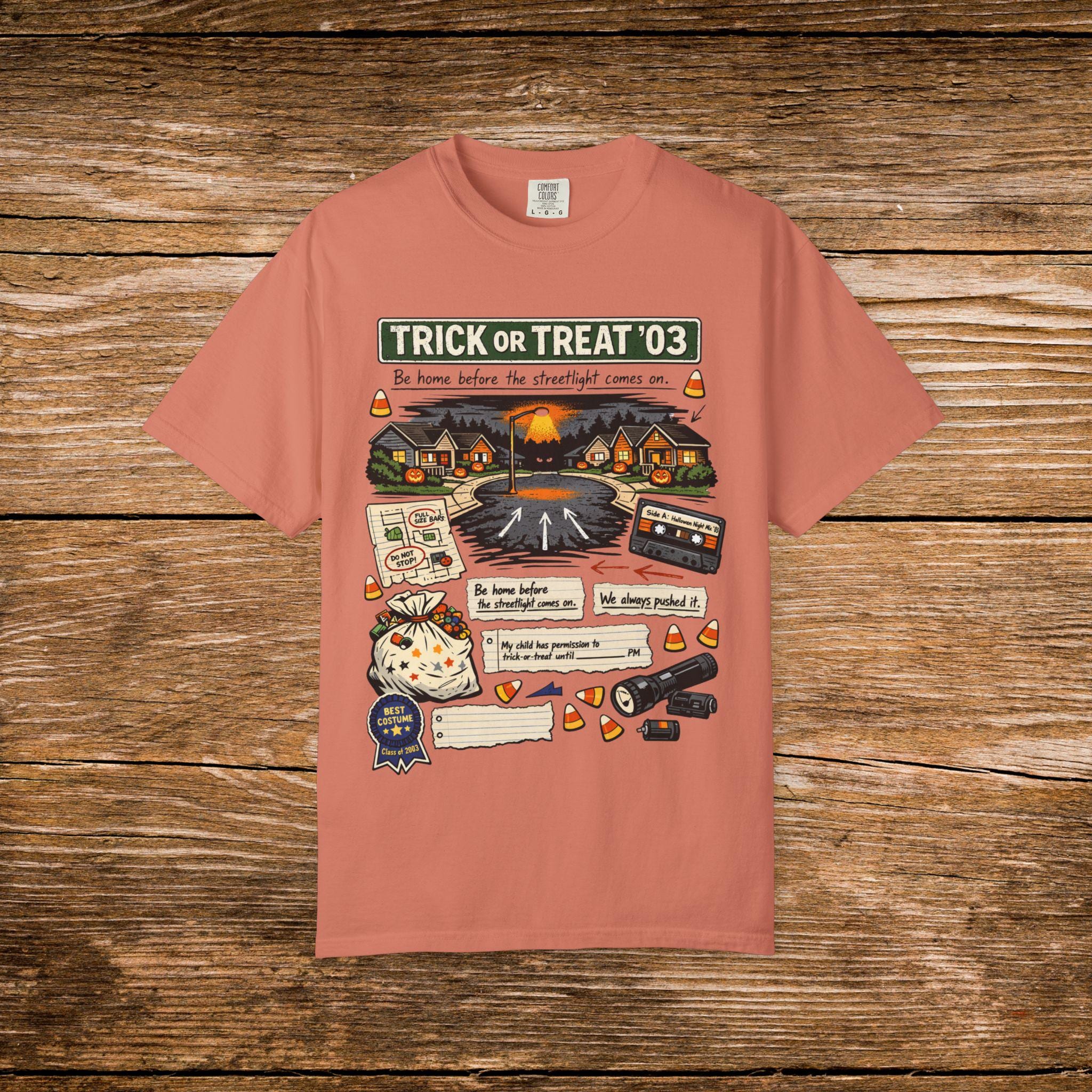 Trick or Treat '03 Halloween Collage T-Shirt | Haunted Neighborhood Vintage Spooky Graphic Tee