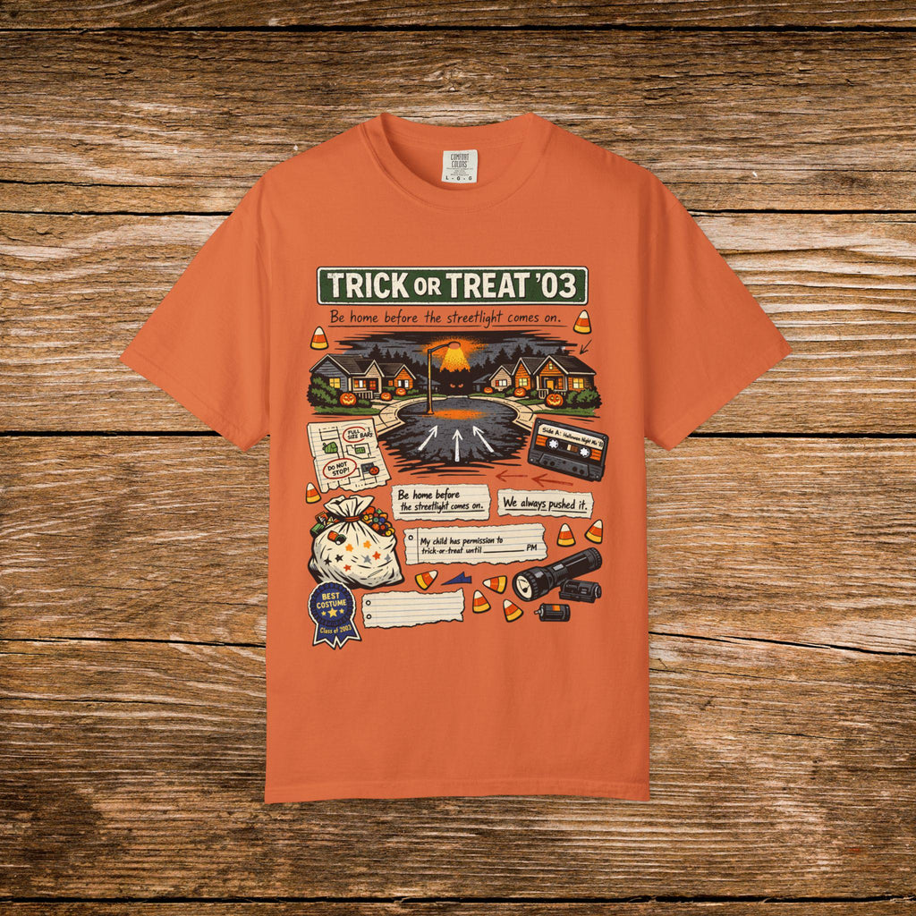 Trick or Treat '03 Halloween Collage T-Shirt | Haunted Neighborhood Vintage Spooky Graphic Tee