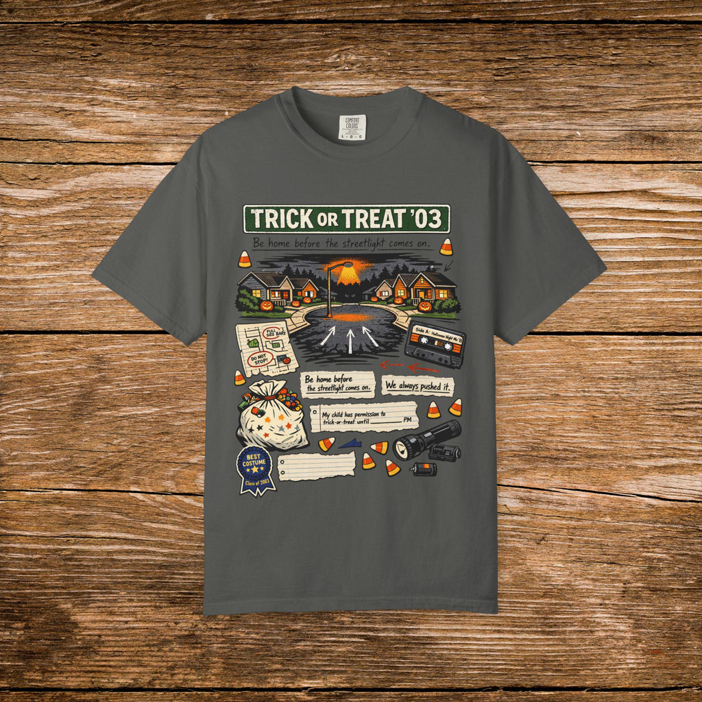 Trick or Treat '03 Halloween Collage T-Shirt | Haunted Neighborhood Vintage Spooky Graphic Tee