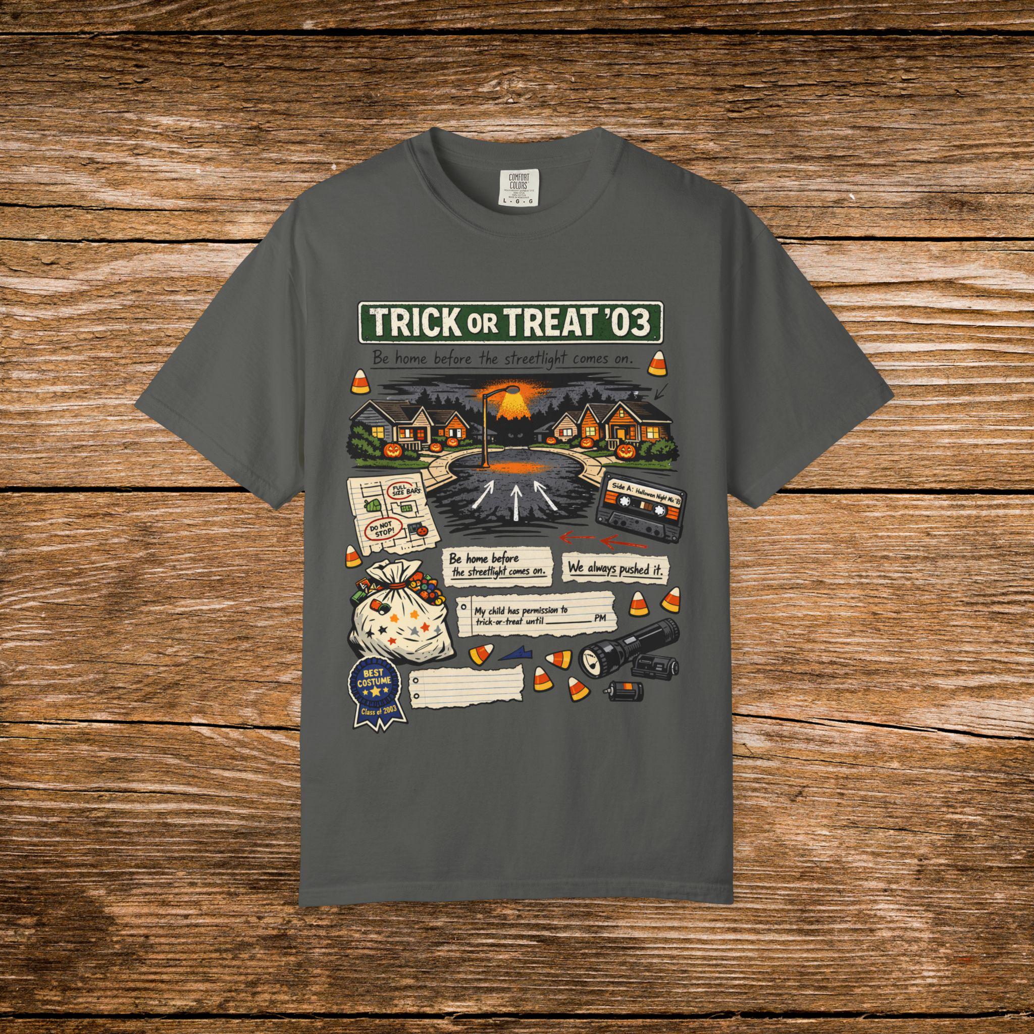 Trick or Treat '03 Halloween Collage T-Shirt | Haunted Neighborhood Vintage Spooky Graphic Tee