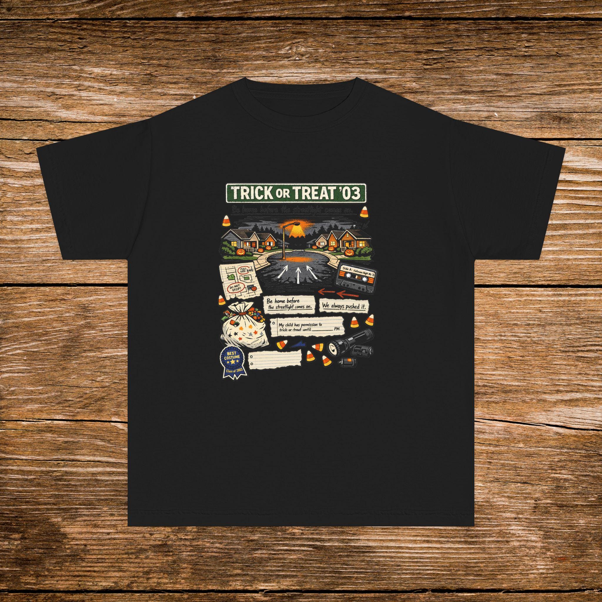 Youth Halloween Collage T-Shirt – Trick or Treat '03 Spooky Graphic Tee