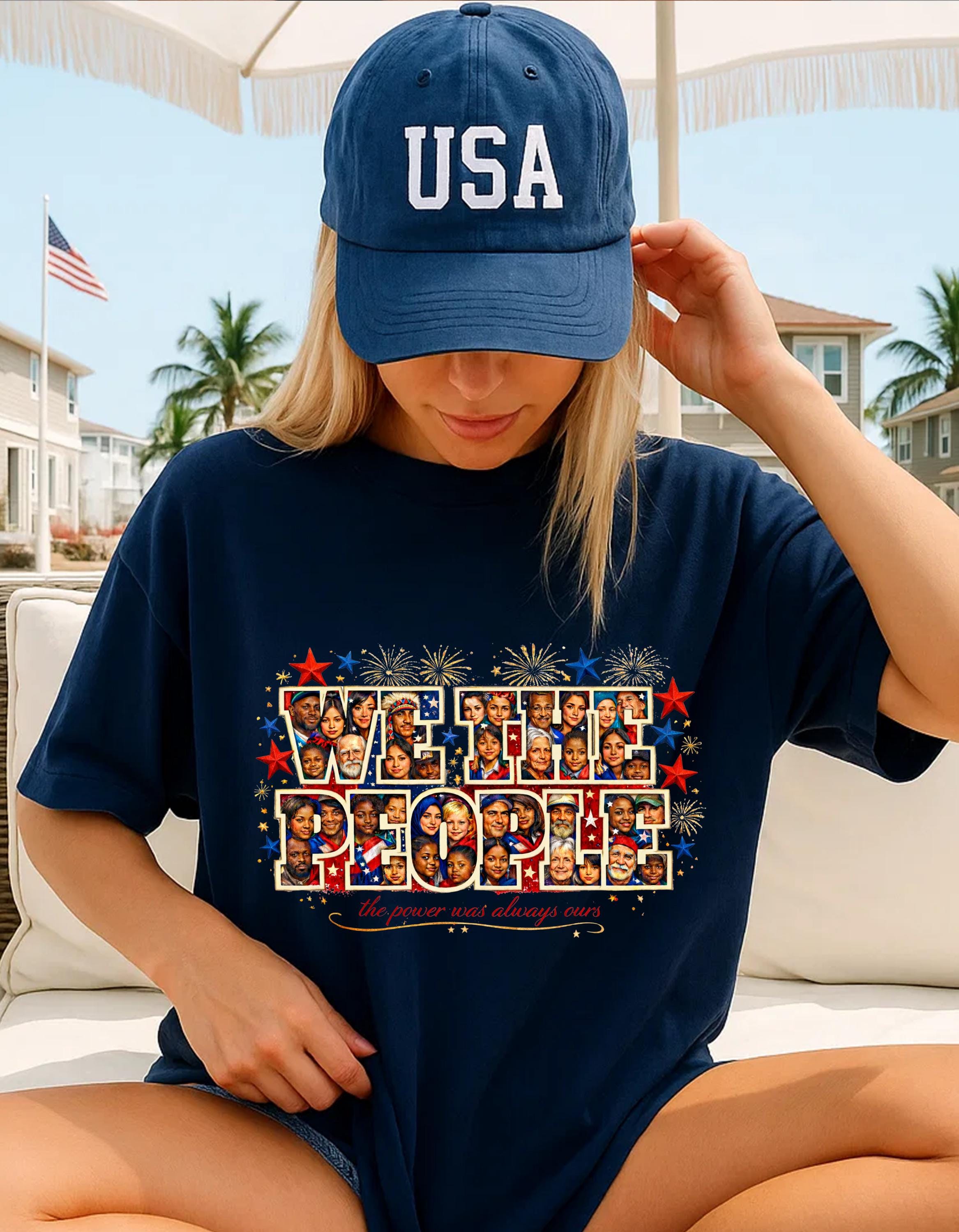 We The People Melting Pot Collage T-Shirt | Patriotic Stars Faces Typography Vintage Political Unity Tee