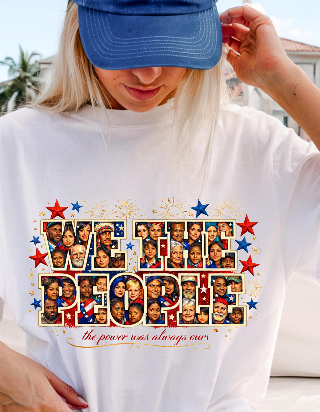 We The People Melting Pot Collage T-Shirt | Patriotic Stars Faces Typography Vintage Political Unity Tee