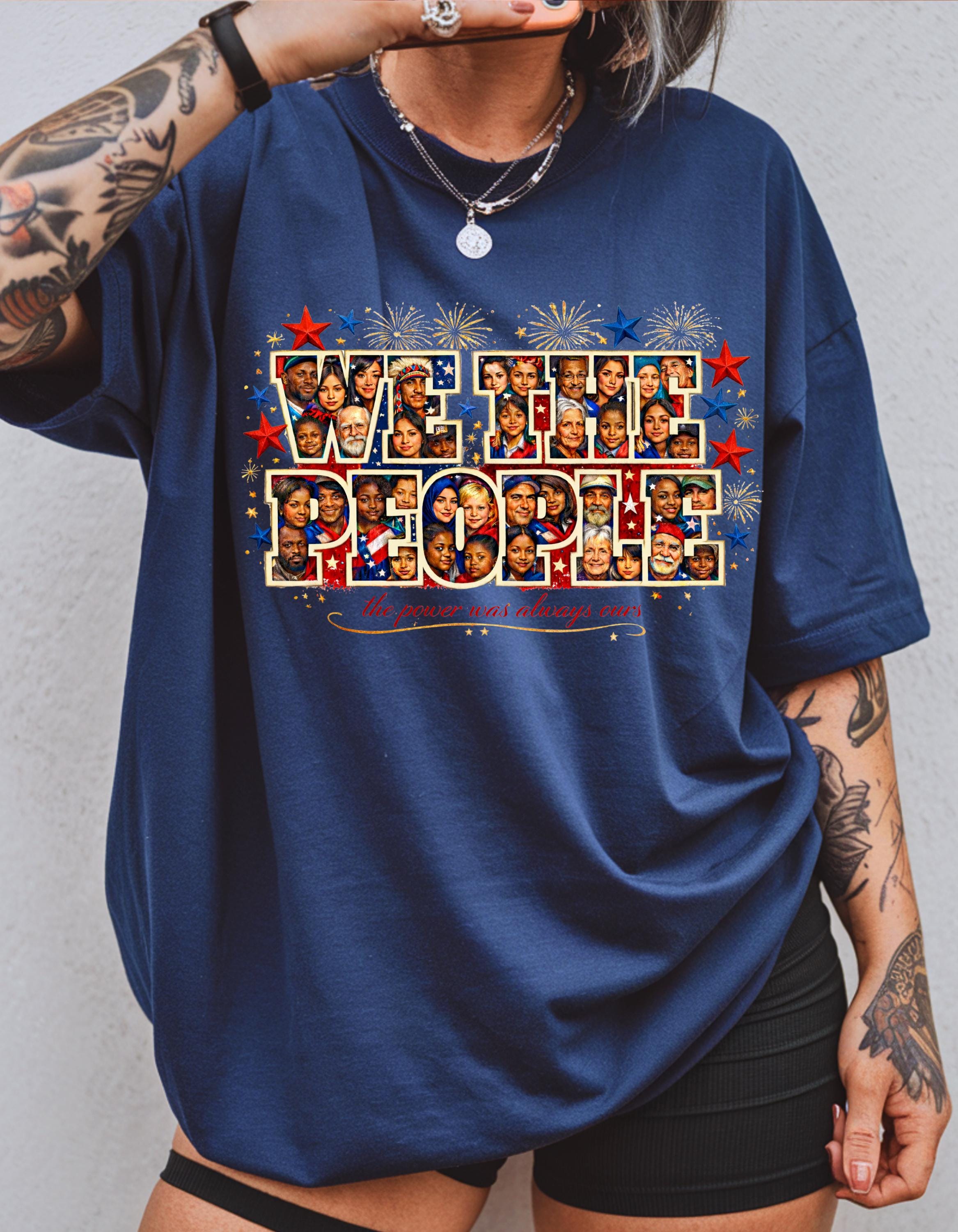 We The People Melting Pot Collage T-Shirt | Patriotic Stars Faces Typography Vintage Political Unity Tee