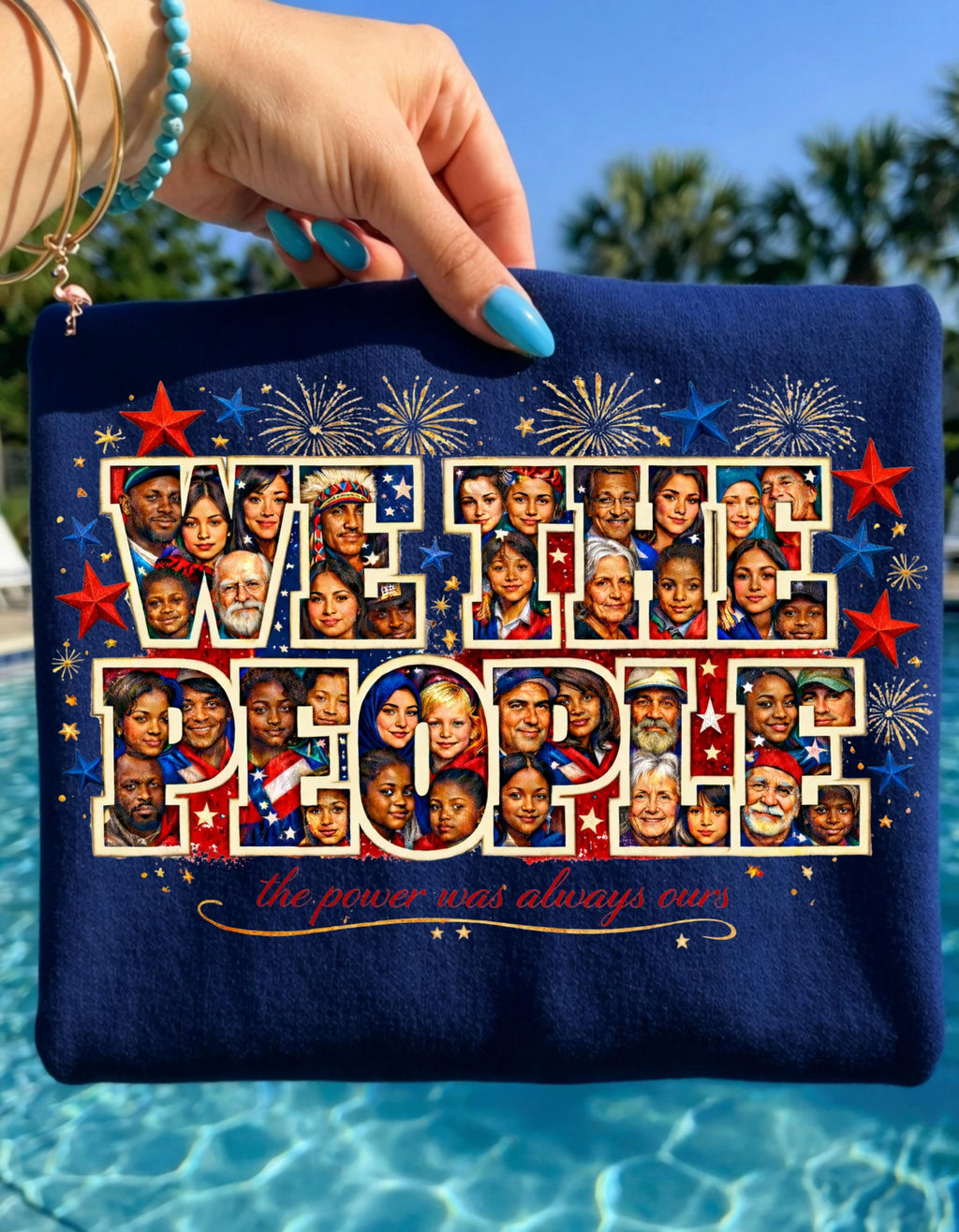 We The People Melting Pot Collage T-Shirt | Patriotic Stars Faces Typography Vintage Political Unity Tee