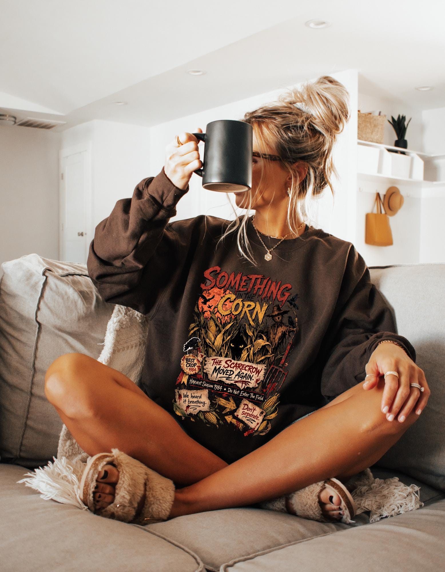 Something in the Corn creepy scarecrow crewneck sweatshirt | Halloween cornfield horror design
