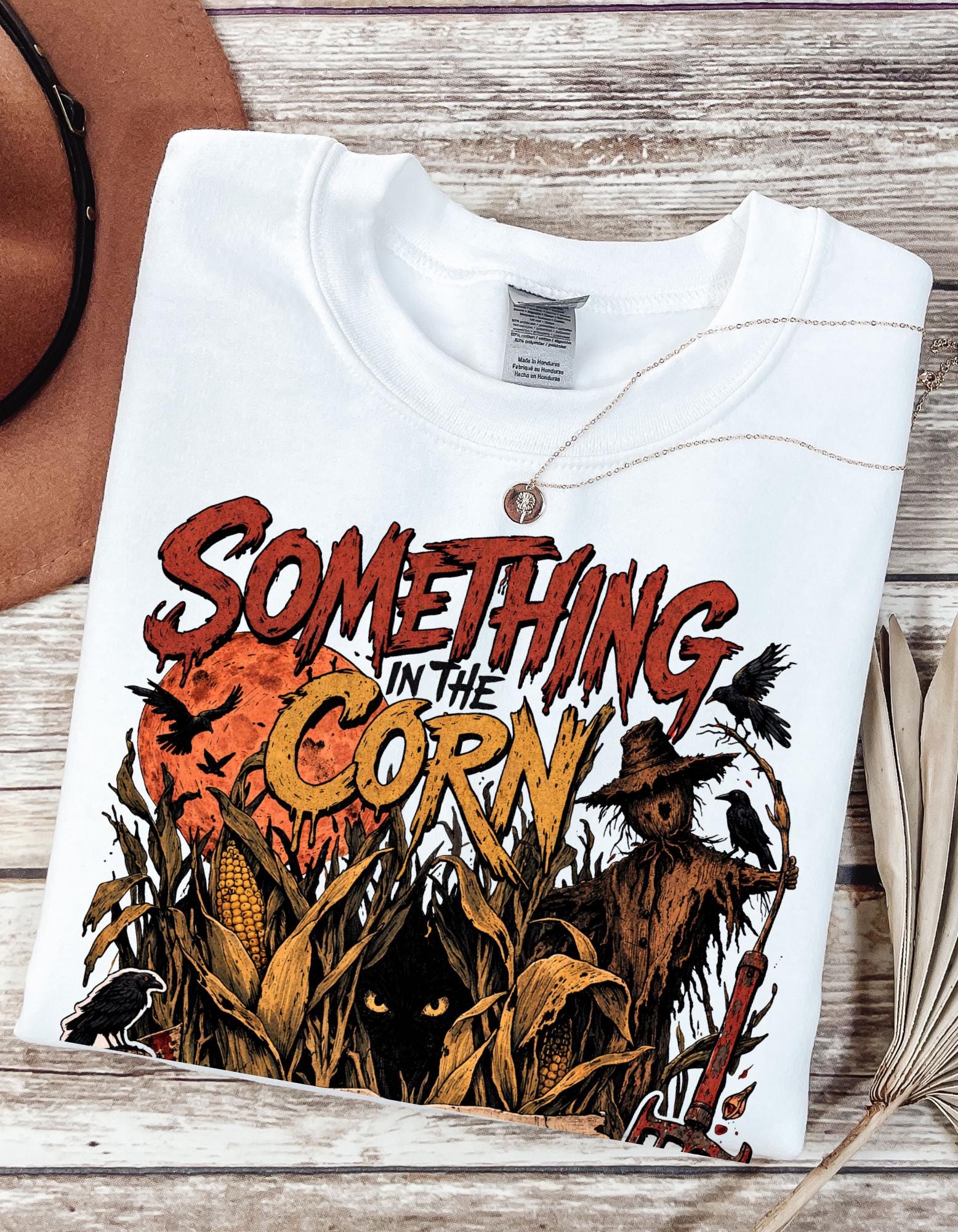 Something in the Corn creepy scarecrow crewneck sweatshirt | Halloween cornfield horror design