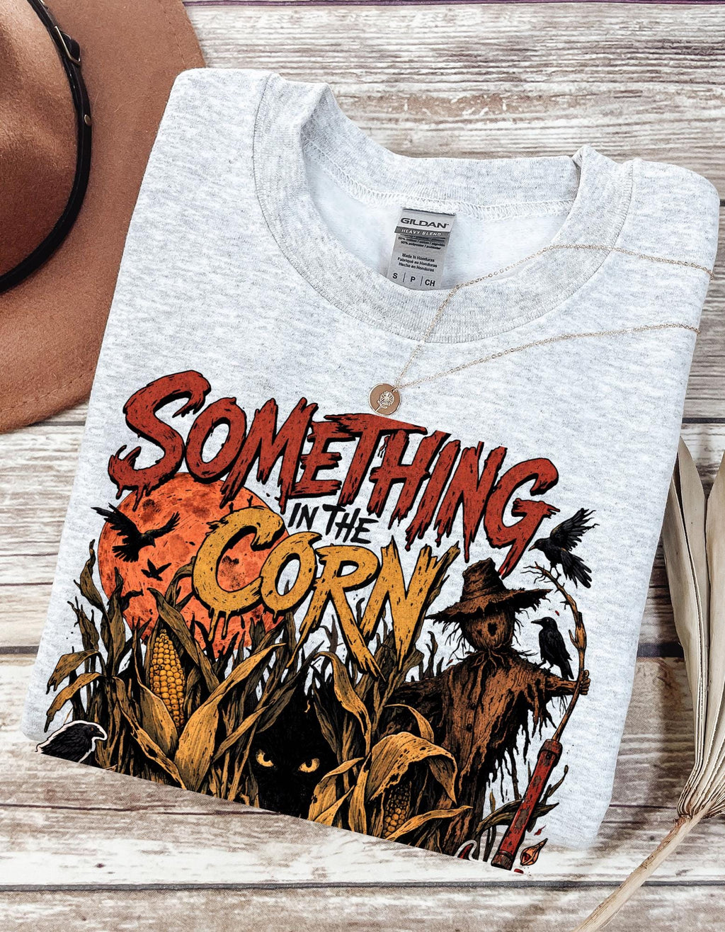 Something in the Corn creepy scarecrow crewneck sweatshirt | Halloween cornfield horror design