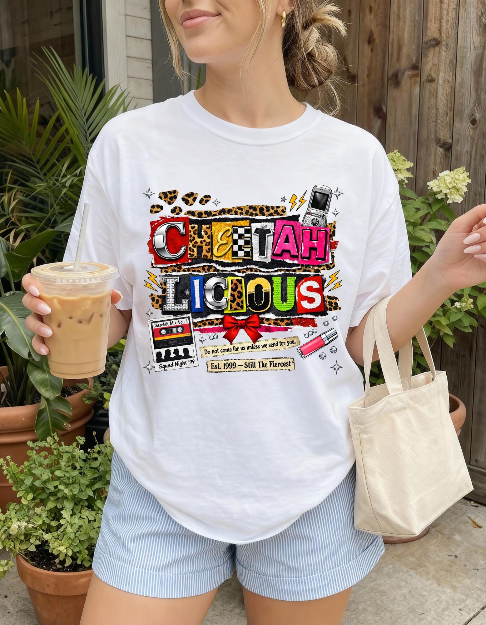 Cheetahlicious Collage T-Shirt | Retro Cassette Leopard Print Colorful Lettering Graphic Tee
