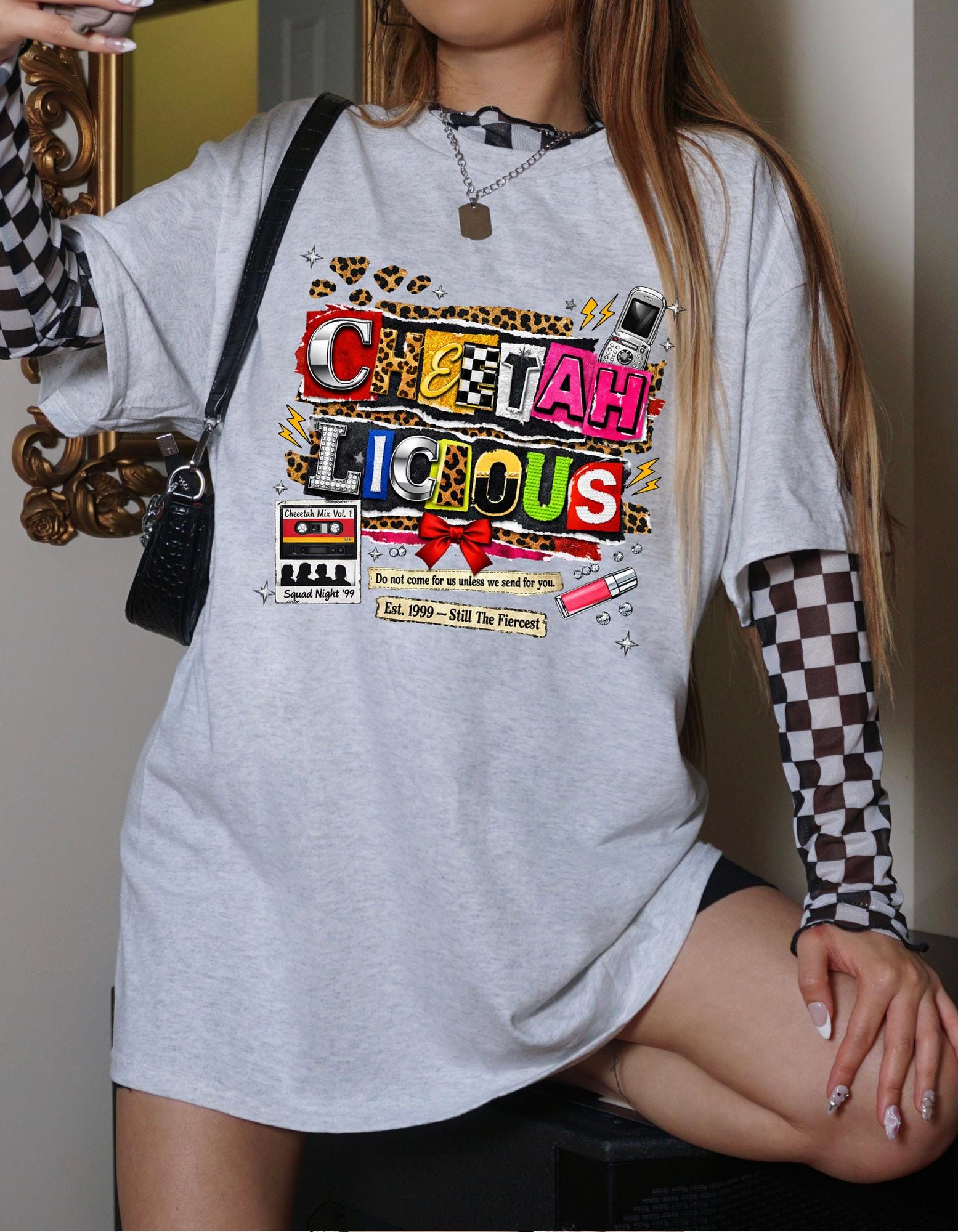 Cheetahlicious Collage T-Shirt | Retro Cassette Leopard Print Colorful Lettering Graphic Tee