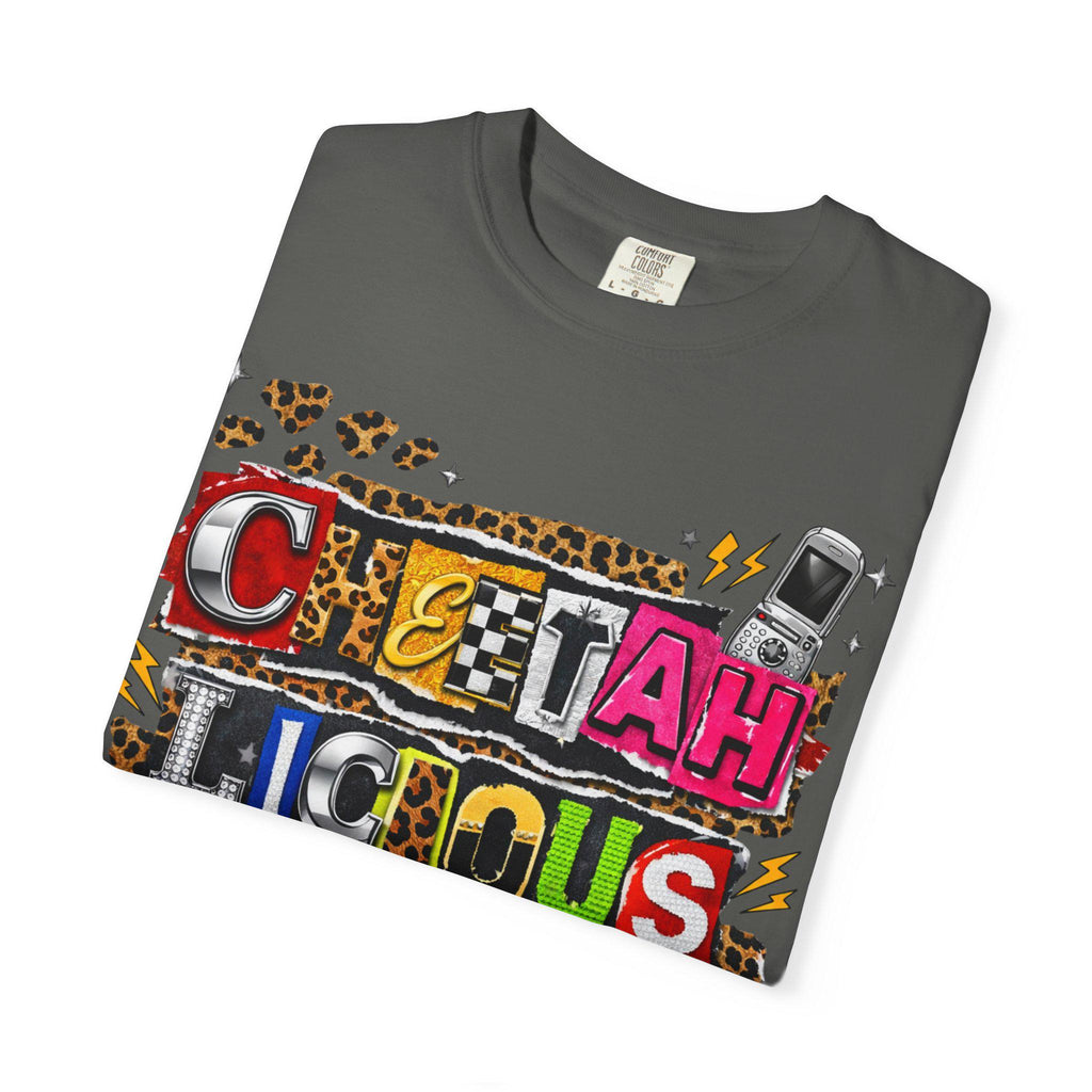Cheetahlicious Collage T-Shirt | Retro Cassette Leopard Print Colorful Lettering Graphic Tee