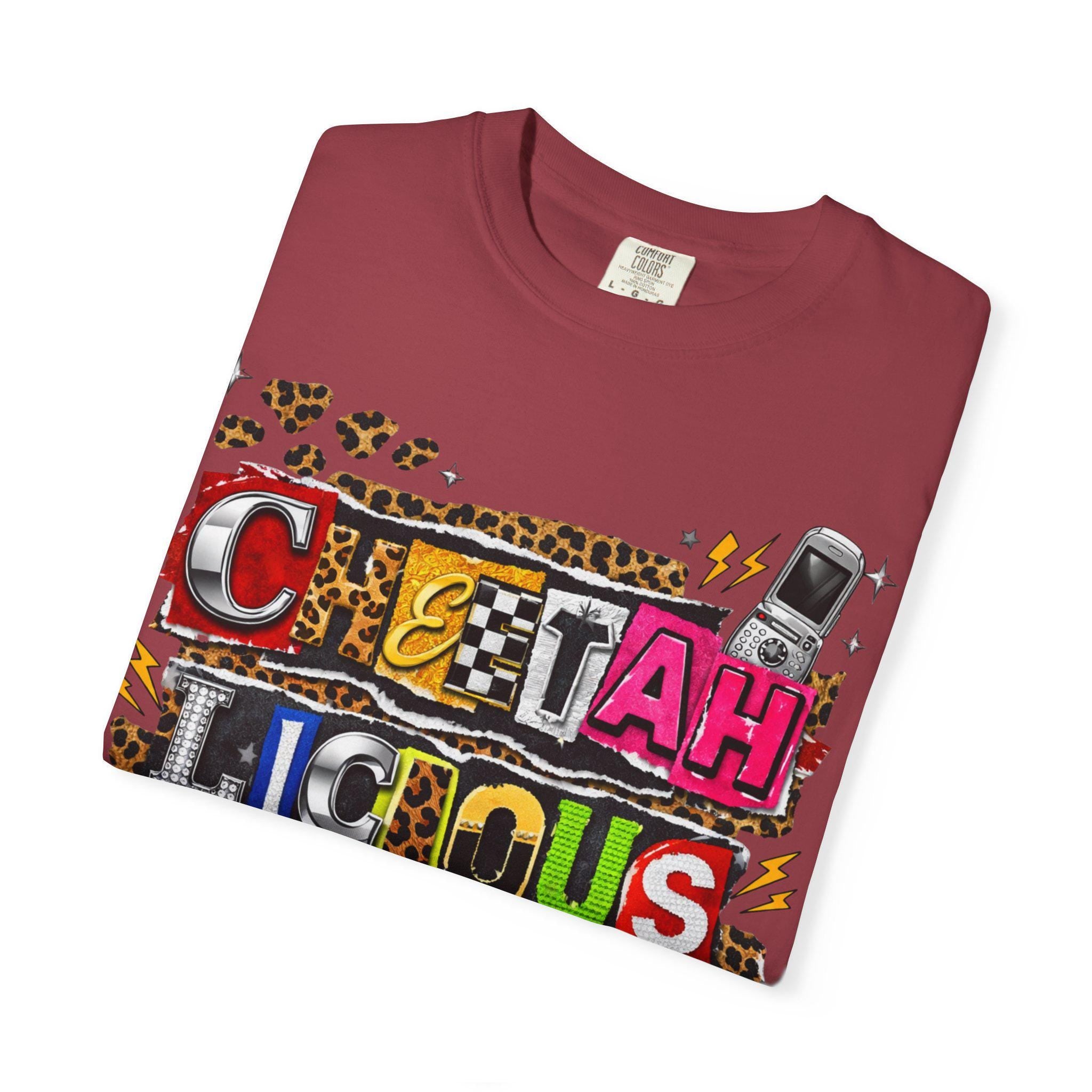 Cheetahlicious Collage T-Shirt | Retro Cassette Leopard Print Colorful Lettering Graphic Tee